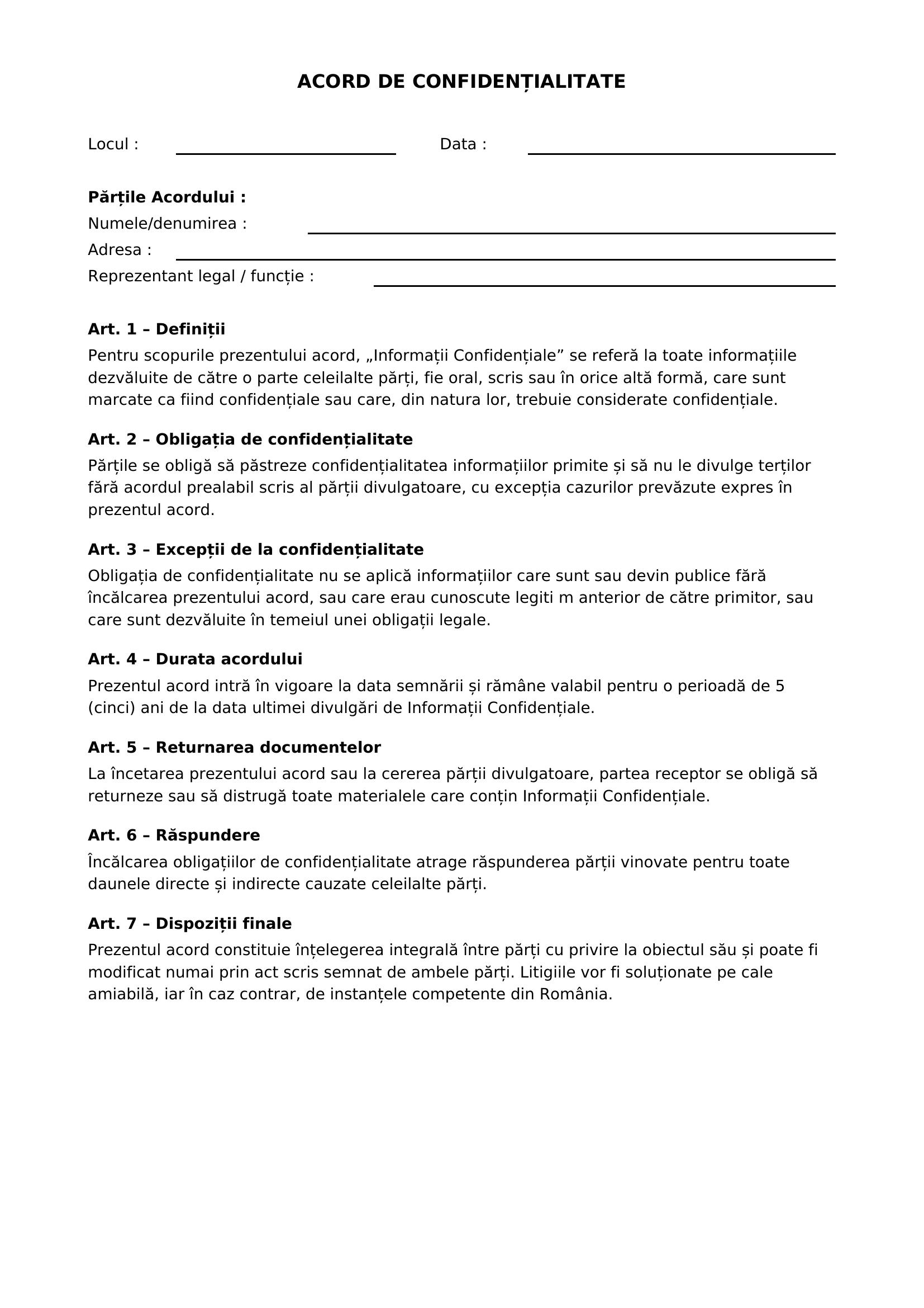 Acord De Confidentialitate Model