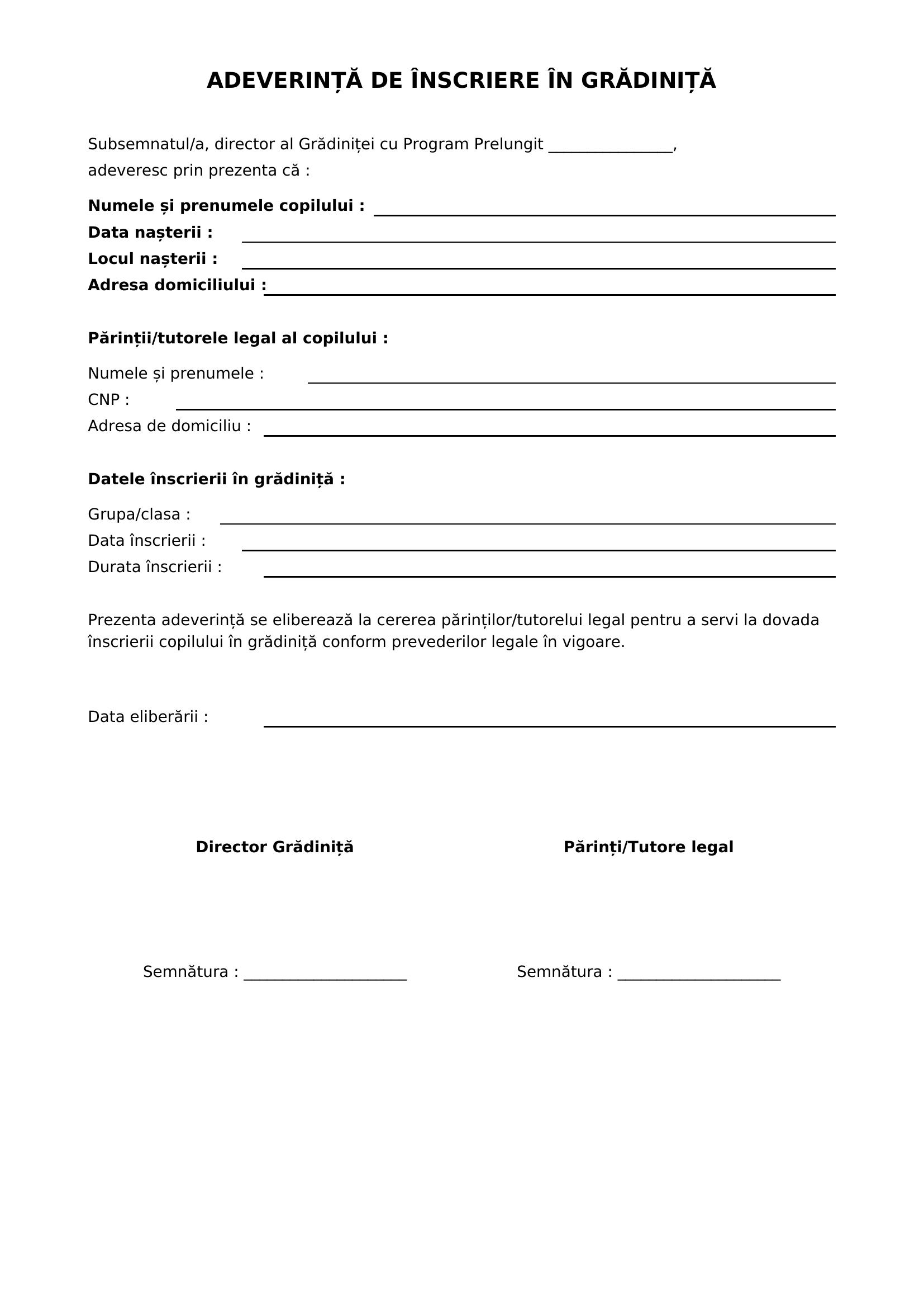 Adeverinta Inscriere Gradinita