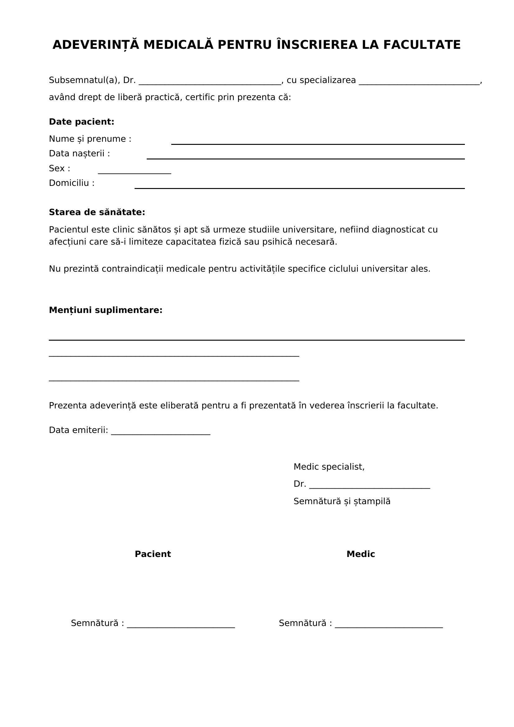 Adeverinta Medicala Inscriere Facultate