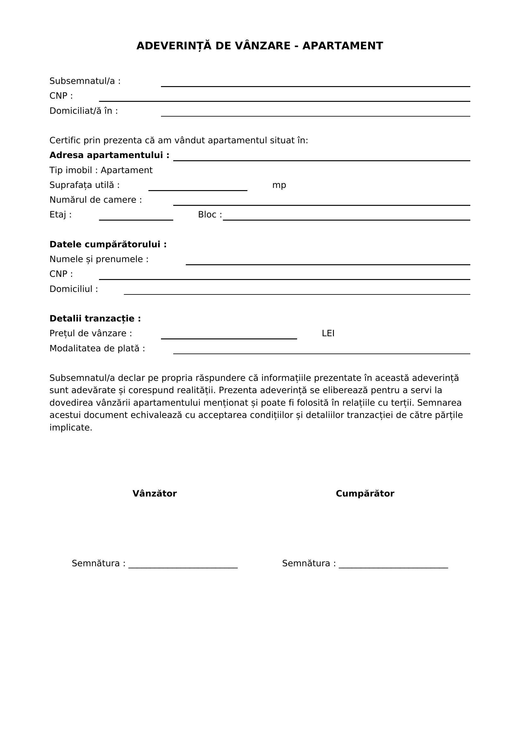 Adeverinta Vanzare Apartament