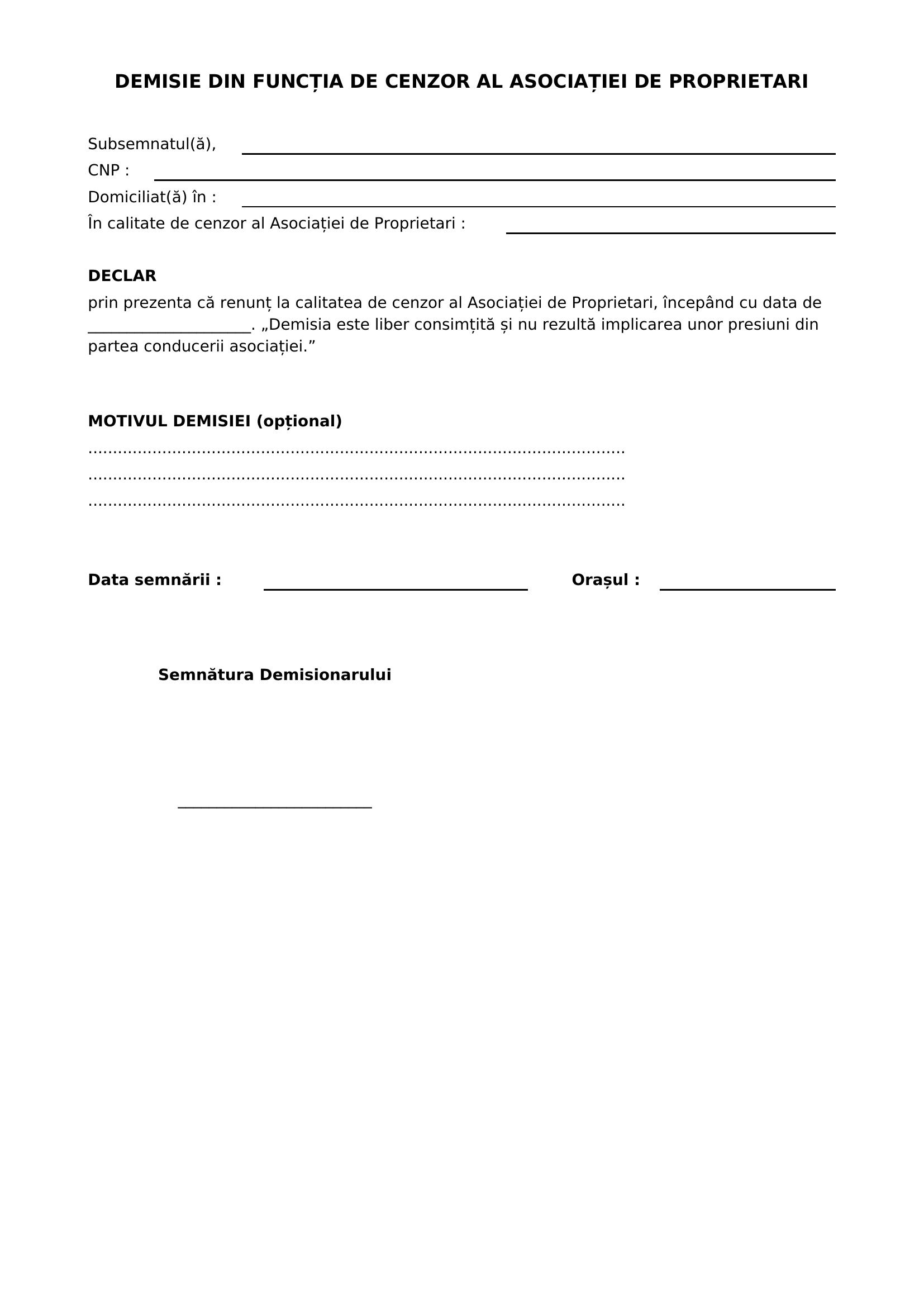 Demisie Cenzor Asociatie De Proprietari