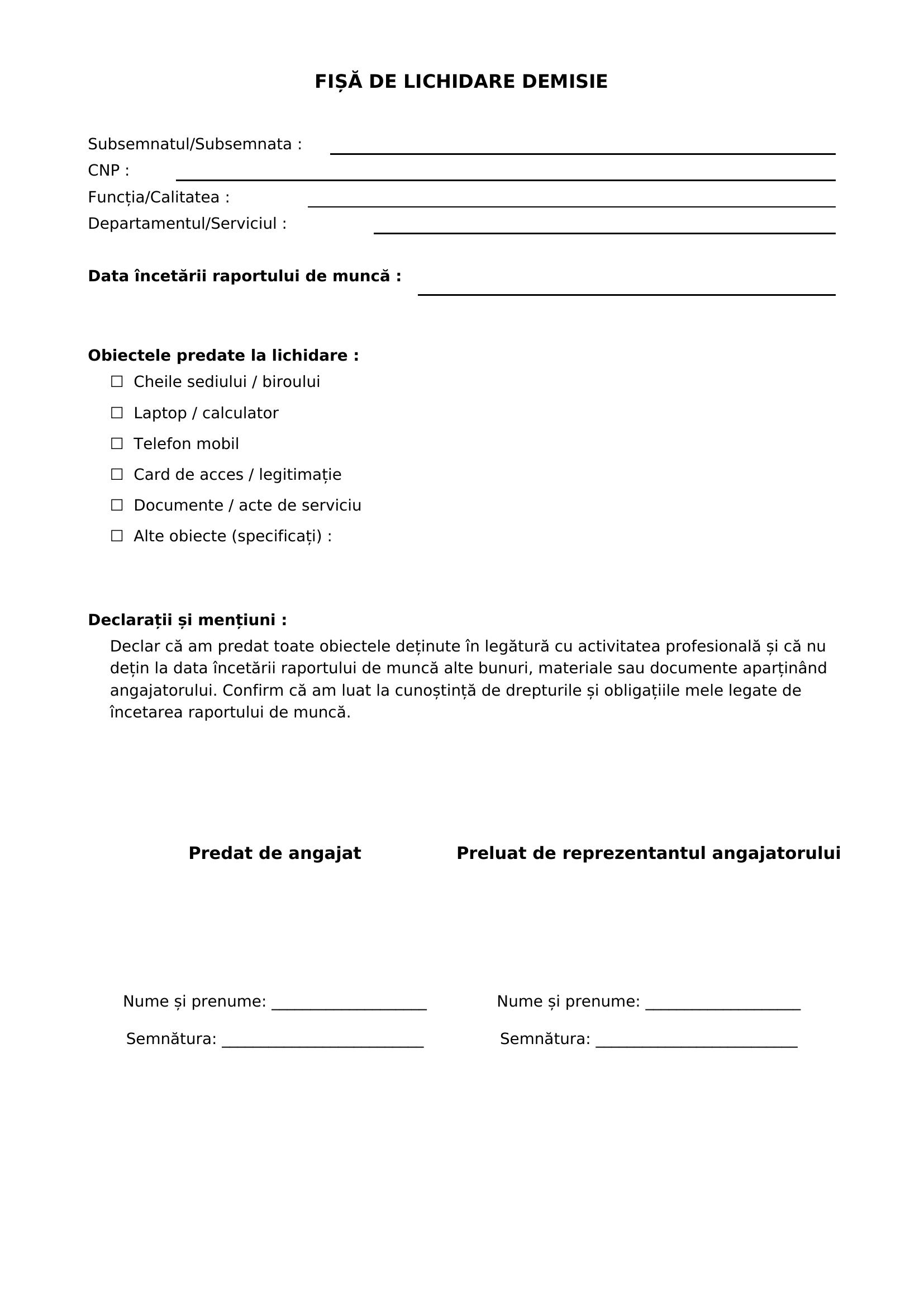 Fisa De Lichidare Demisie Model