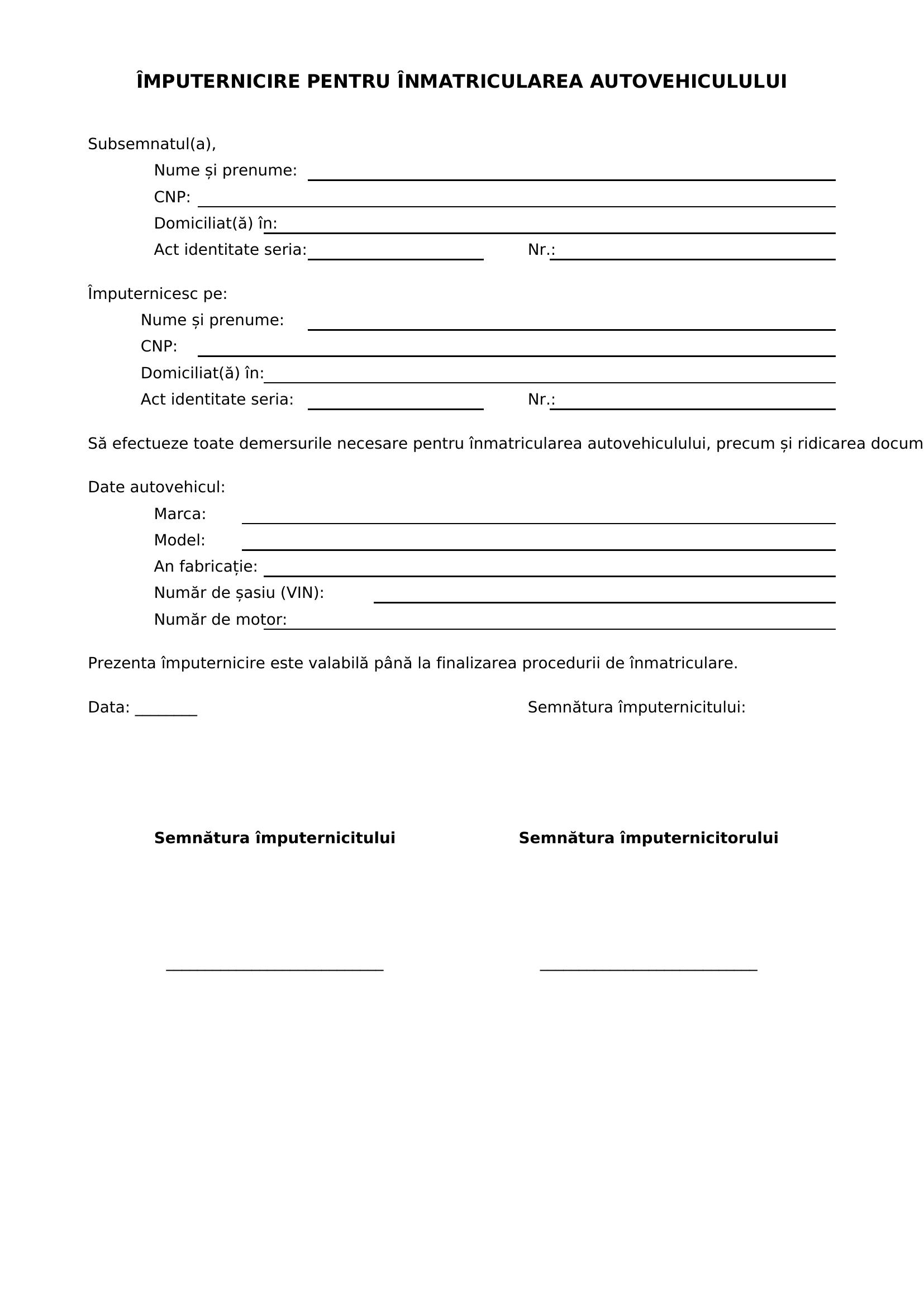 Imputernicire Inmatriculare Auto