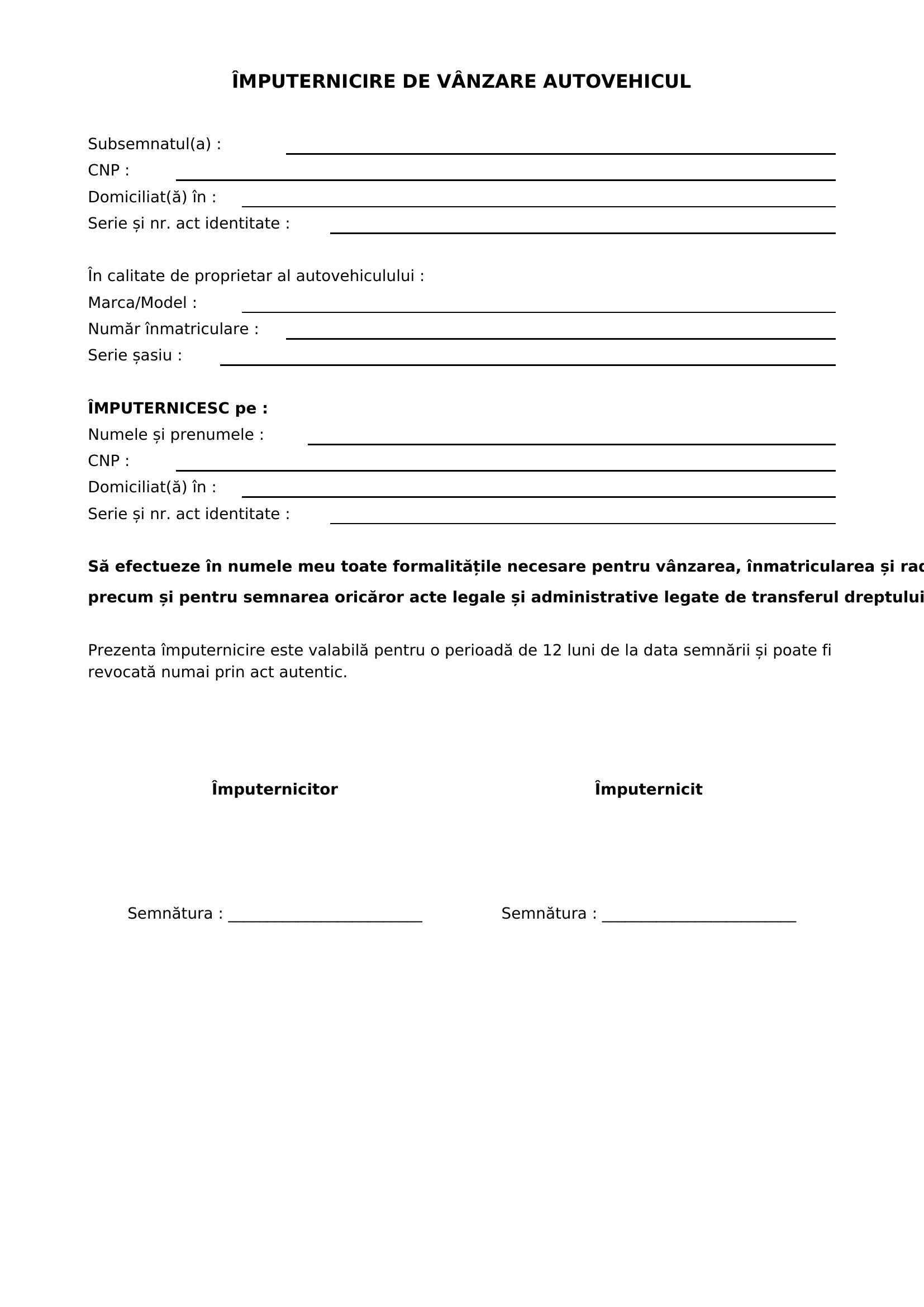 Imputernicire Vanzare Auto