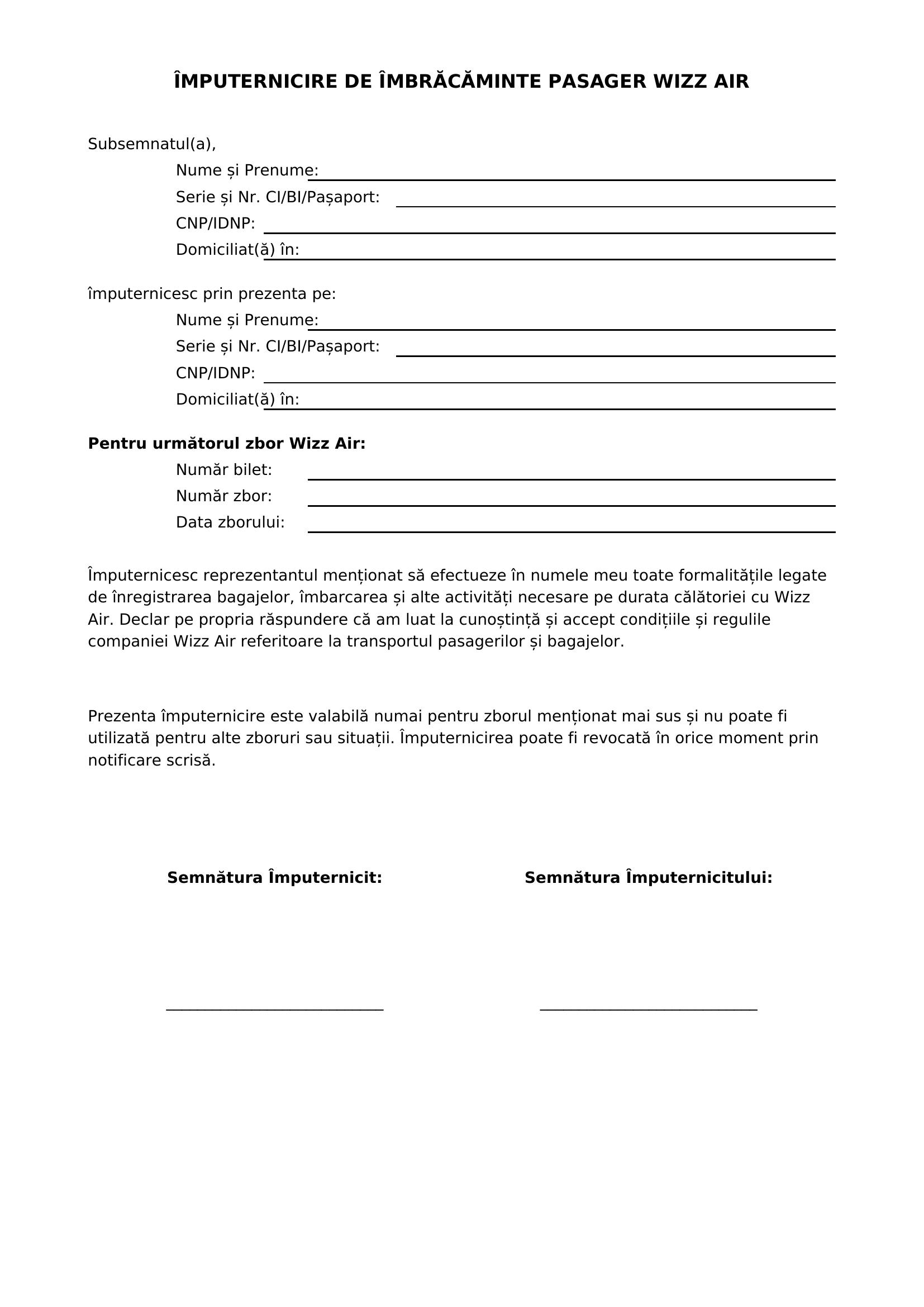 Imputernicire Wizz Air