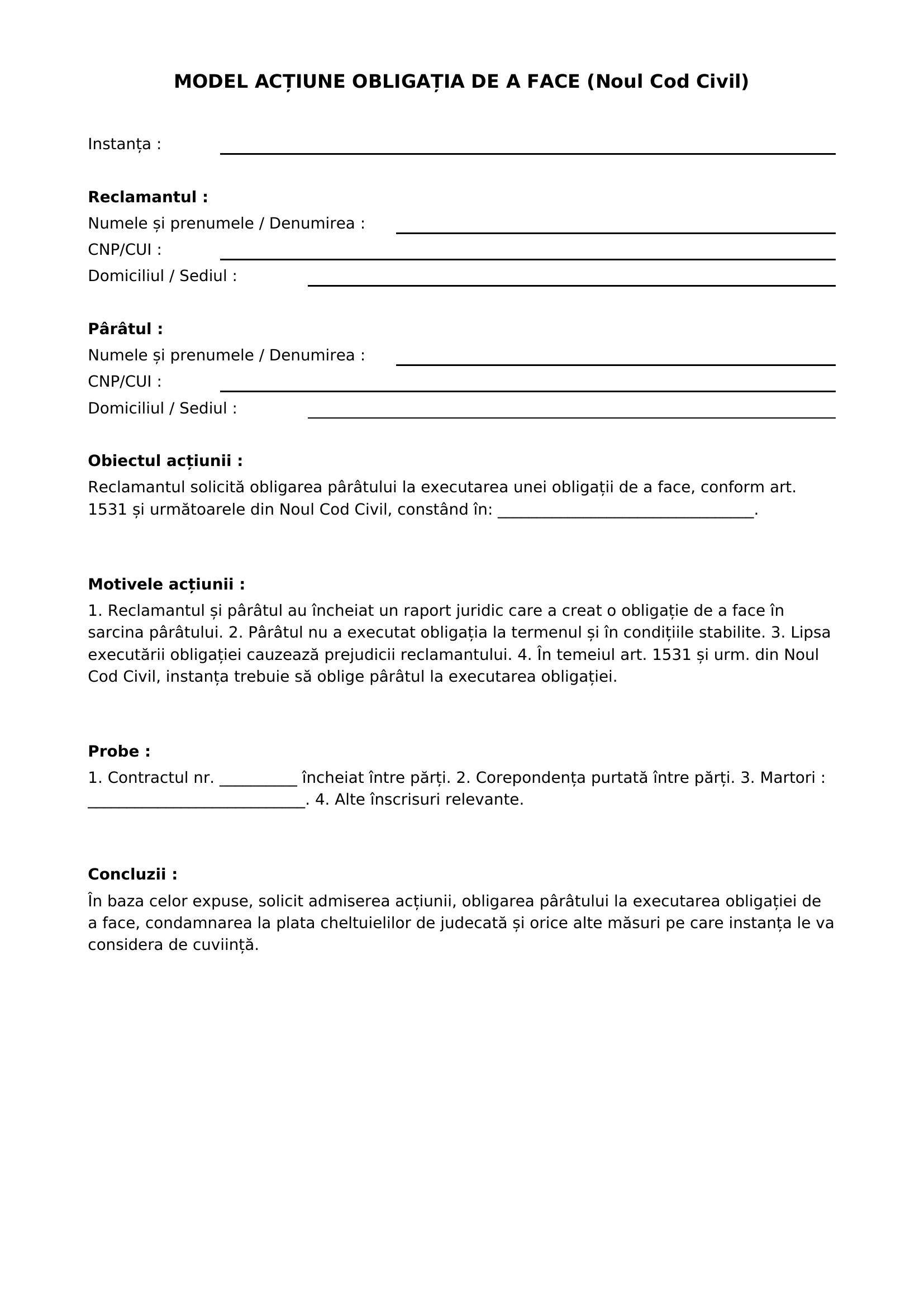 Model Actiune Obligatia De A Face Noul Cod Civil
