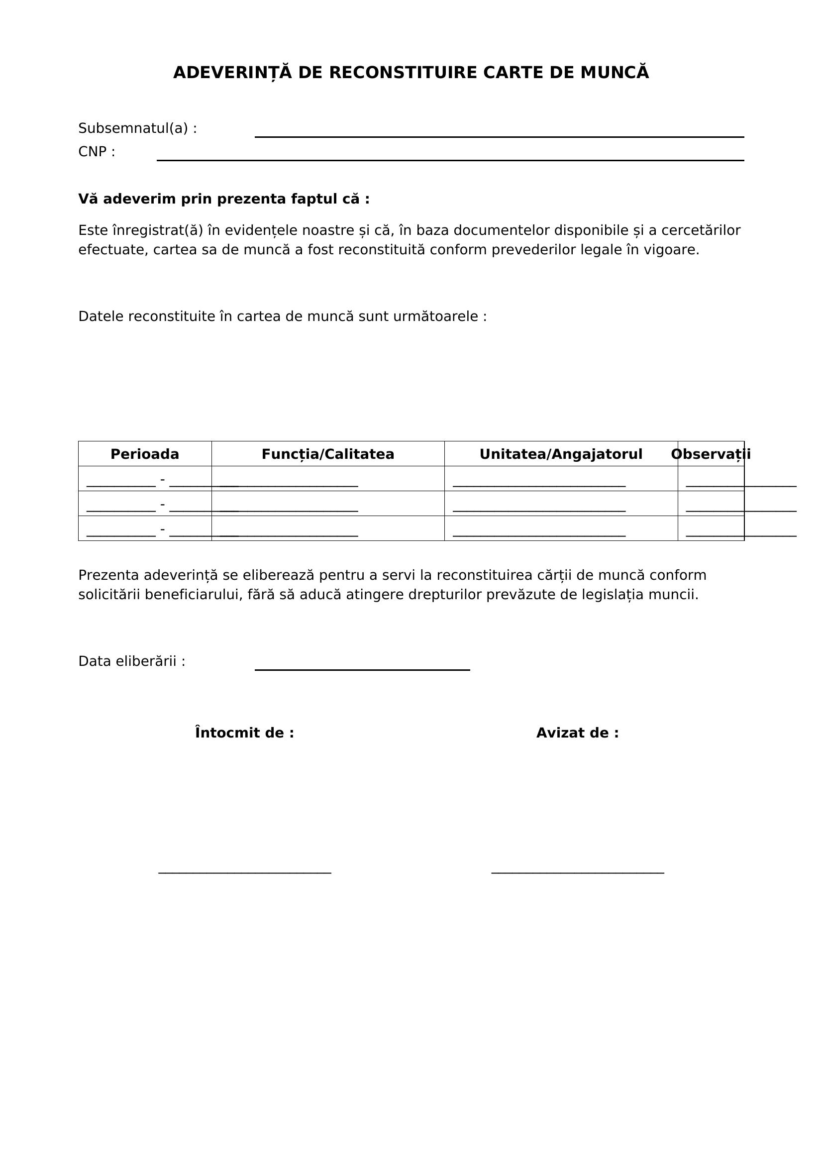 Model Adeverinta Reconstituire Carte De Munca