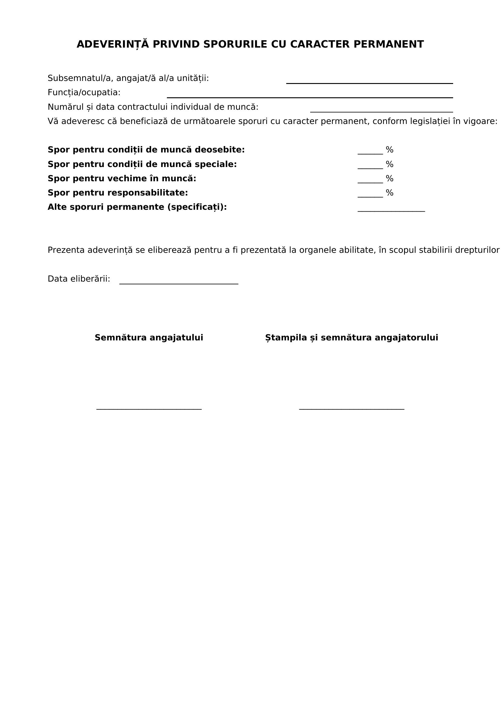 Model Adeverinta Sporuri Cu Caracter Permanent