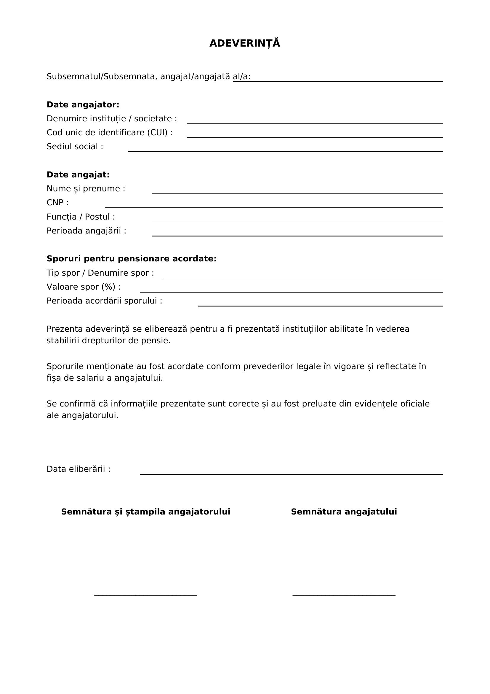 Model Adeverinta Sporuri Pentru Pensionare
