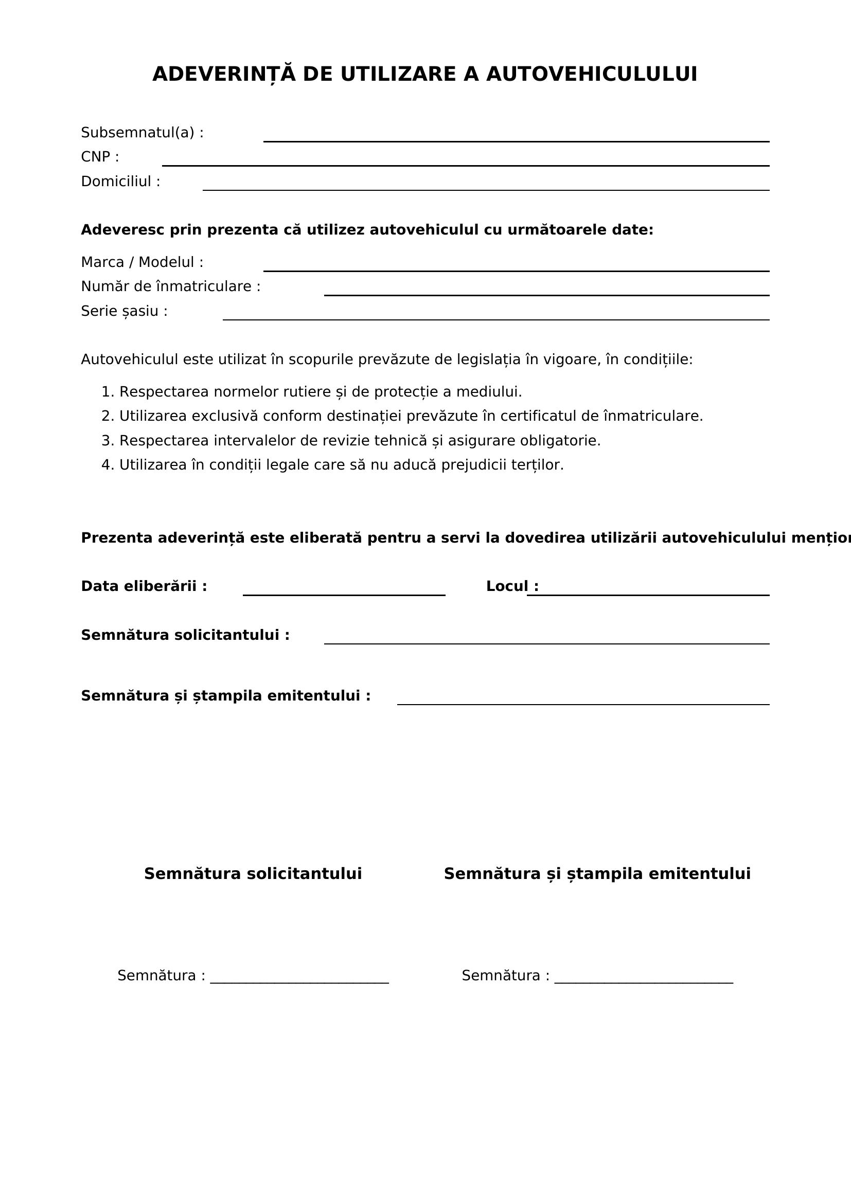 Model Adeverinta Utilizare Autovehicul