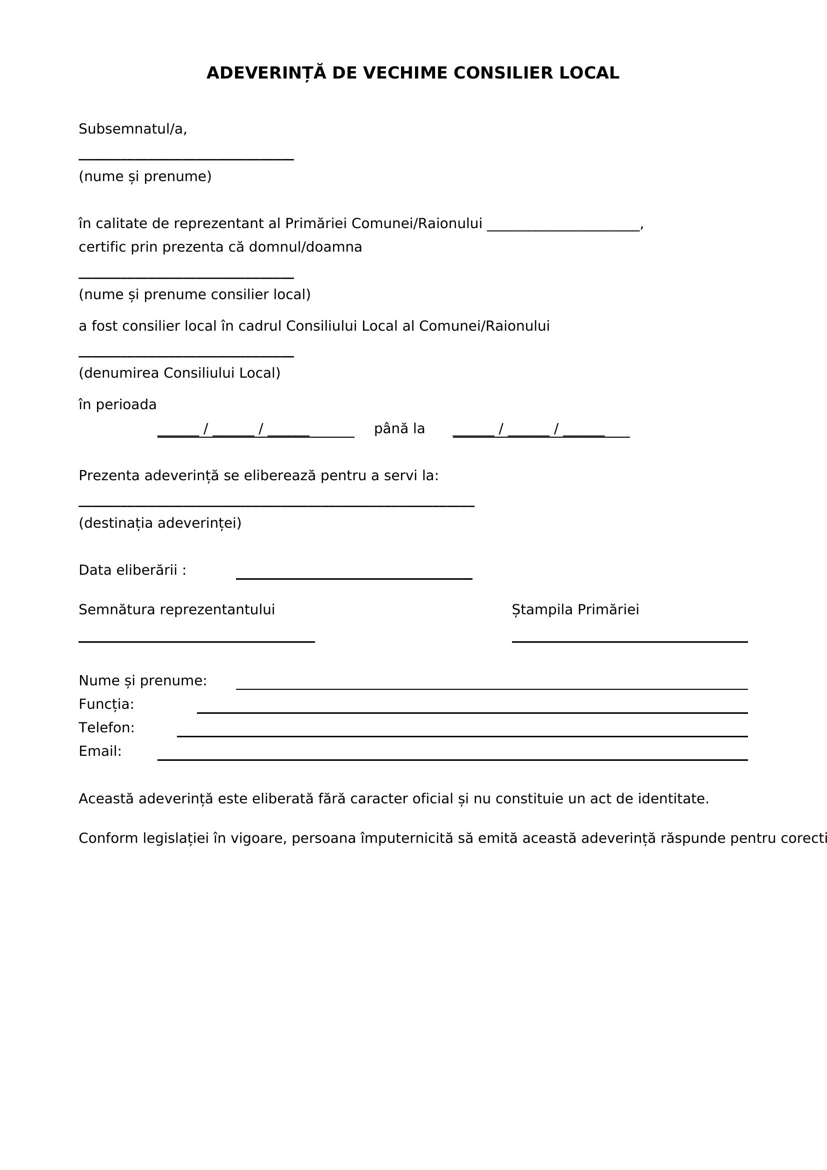 Model Adeverinta Vechime Consilier Local