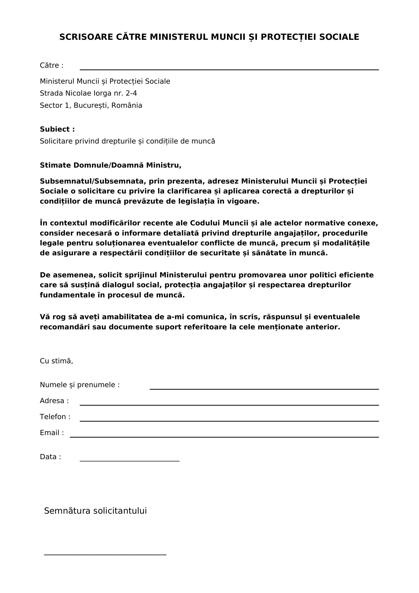 Model De Scrisoare Catre Ministerul Muncii