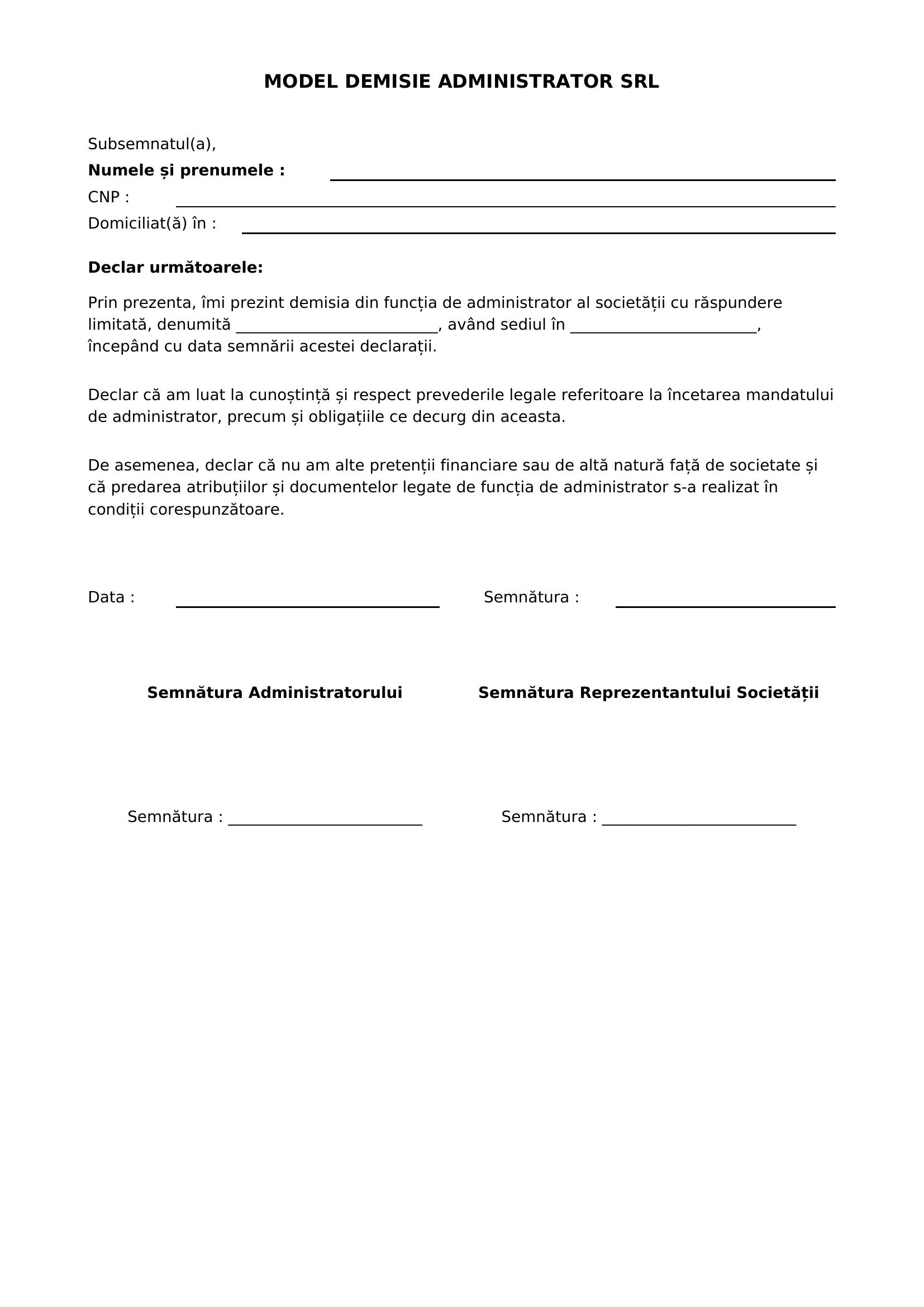 Model Demisie Administrator Srl