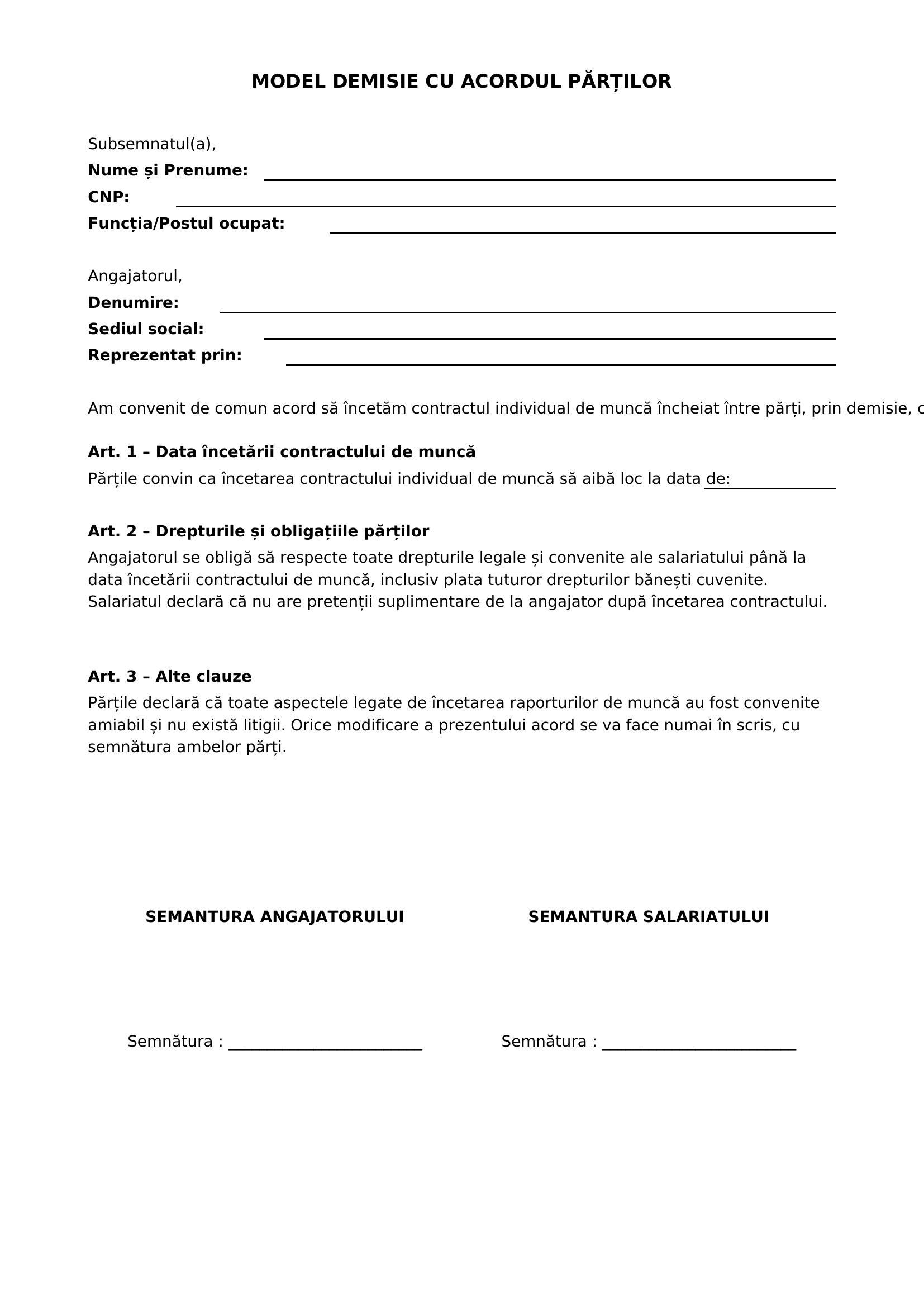 Model Demisie Cu Acordul Partilor