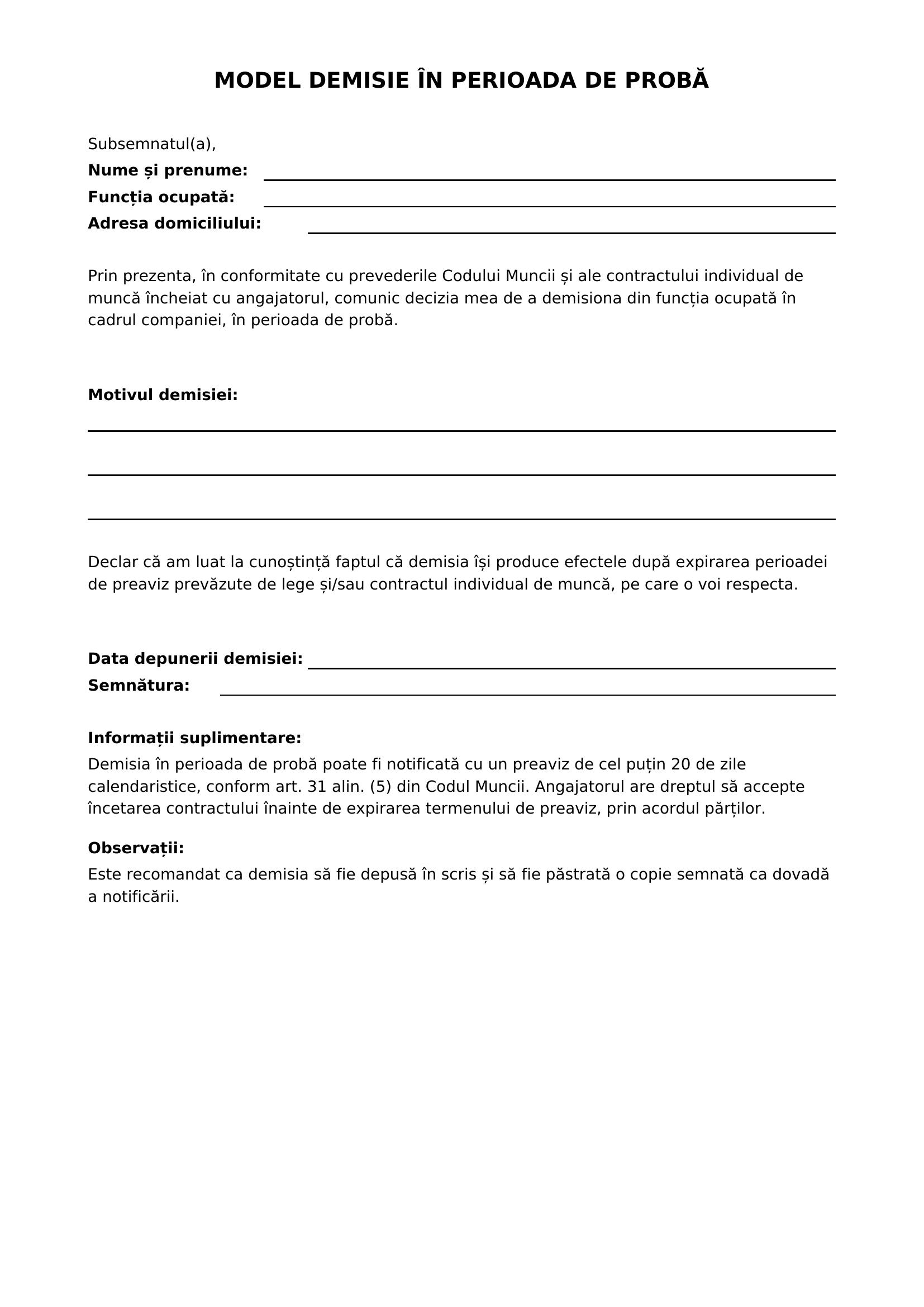 Model Demisie In Perioada De Proba