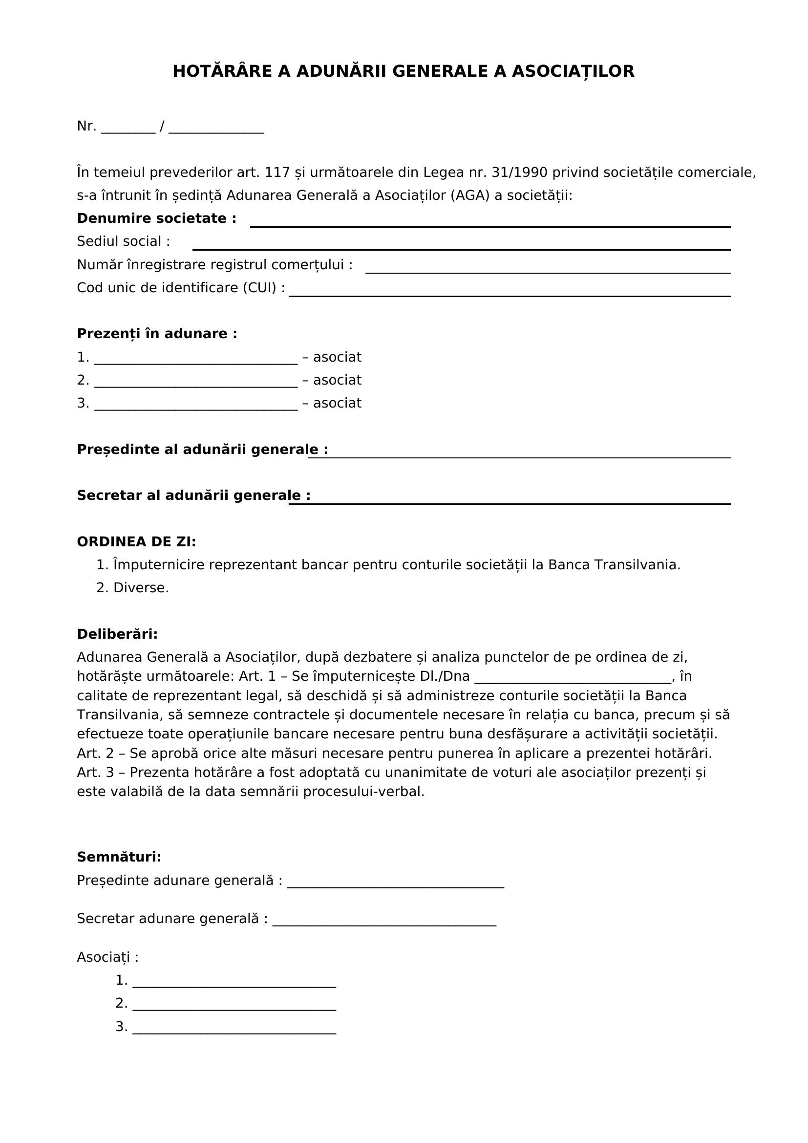 Model Hotarare Aga Imputernicire Banca Transilvania