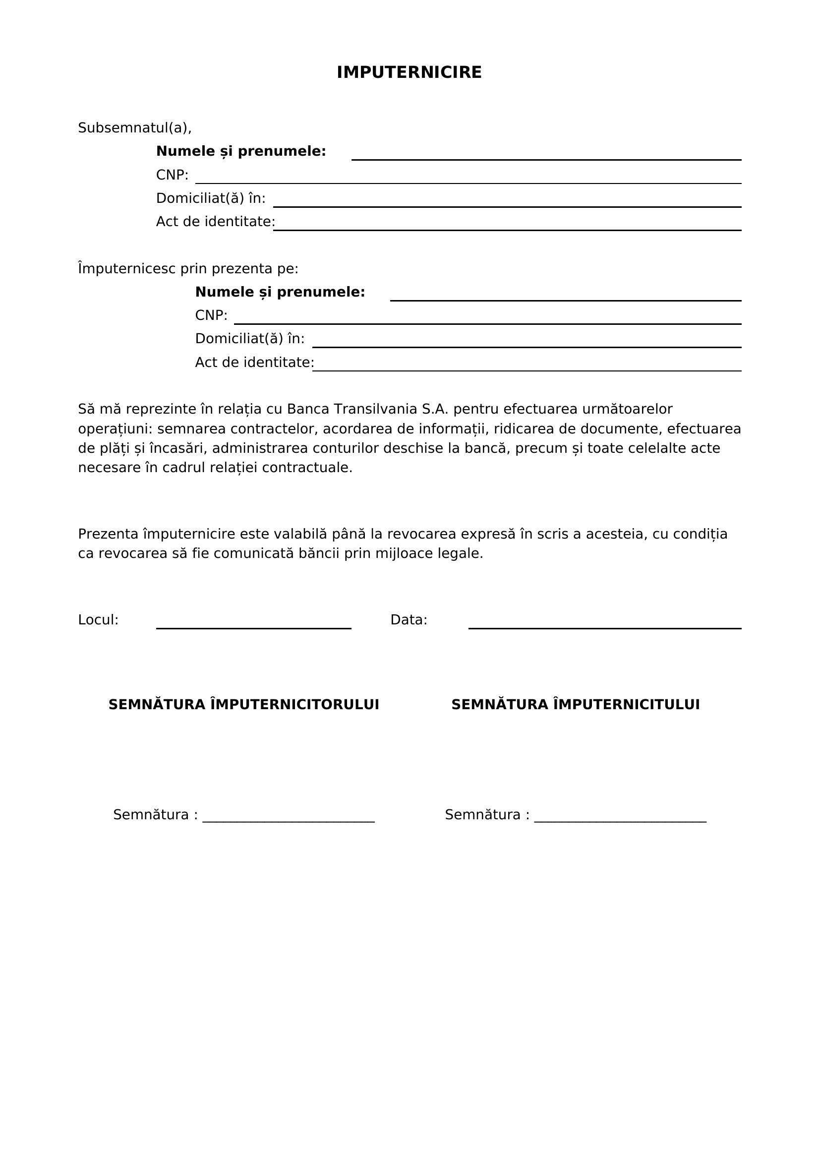 Model Imputernicire Banca Transilvania