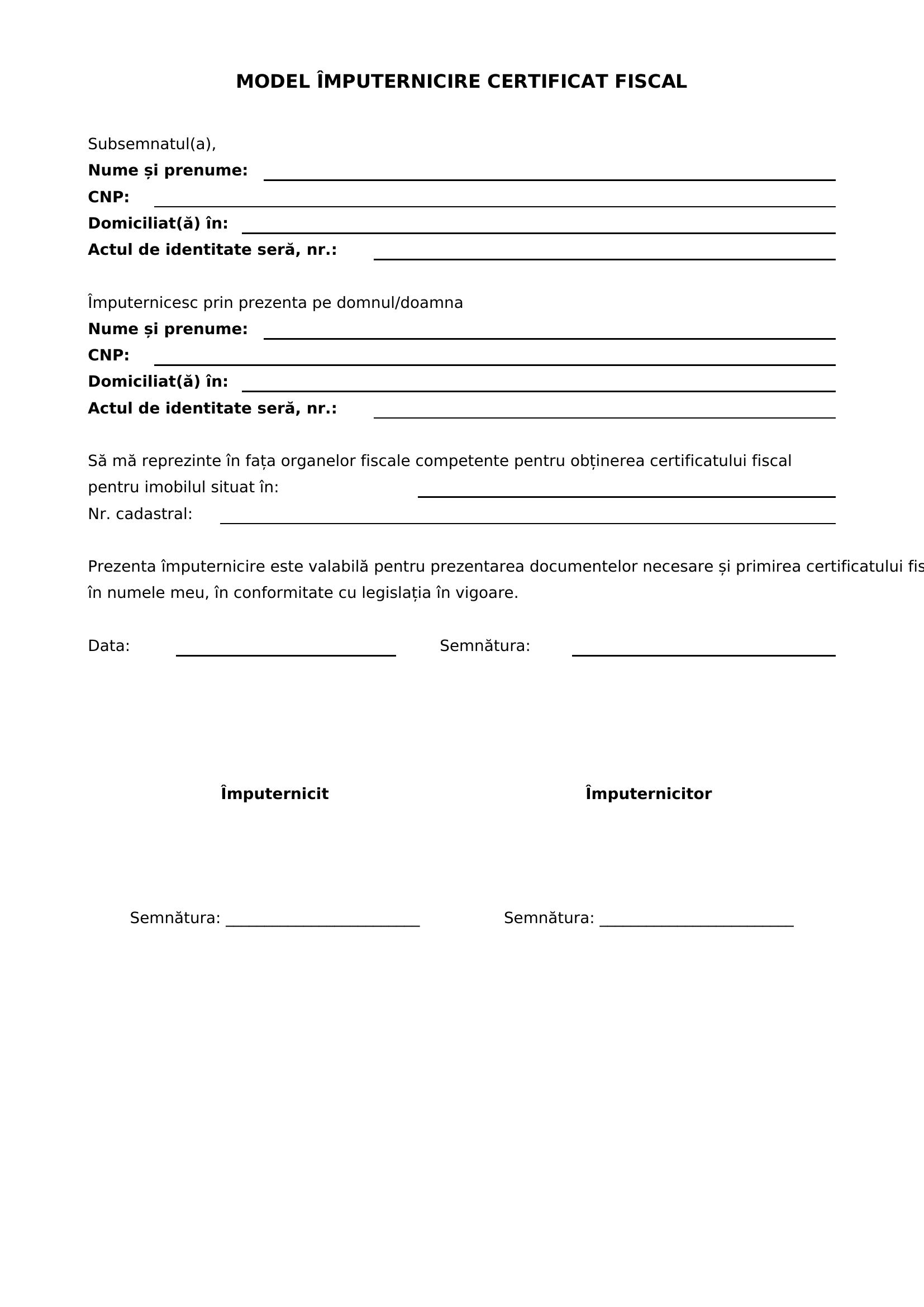 Model Imputernicire Certificat Fiscal