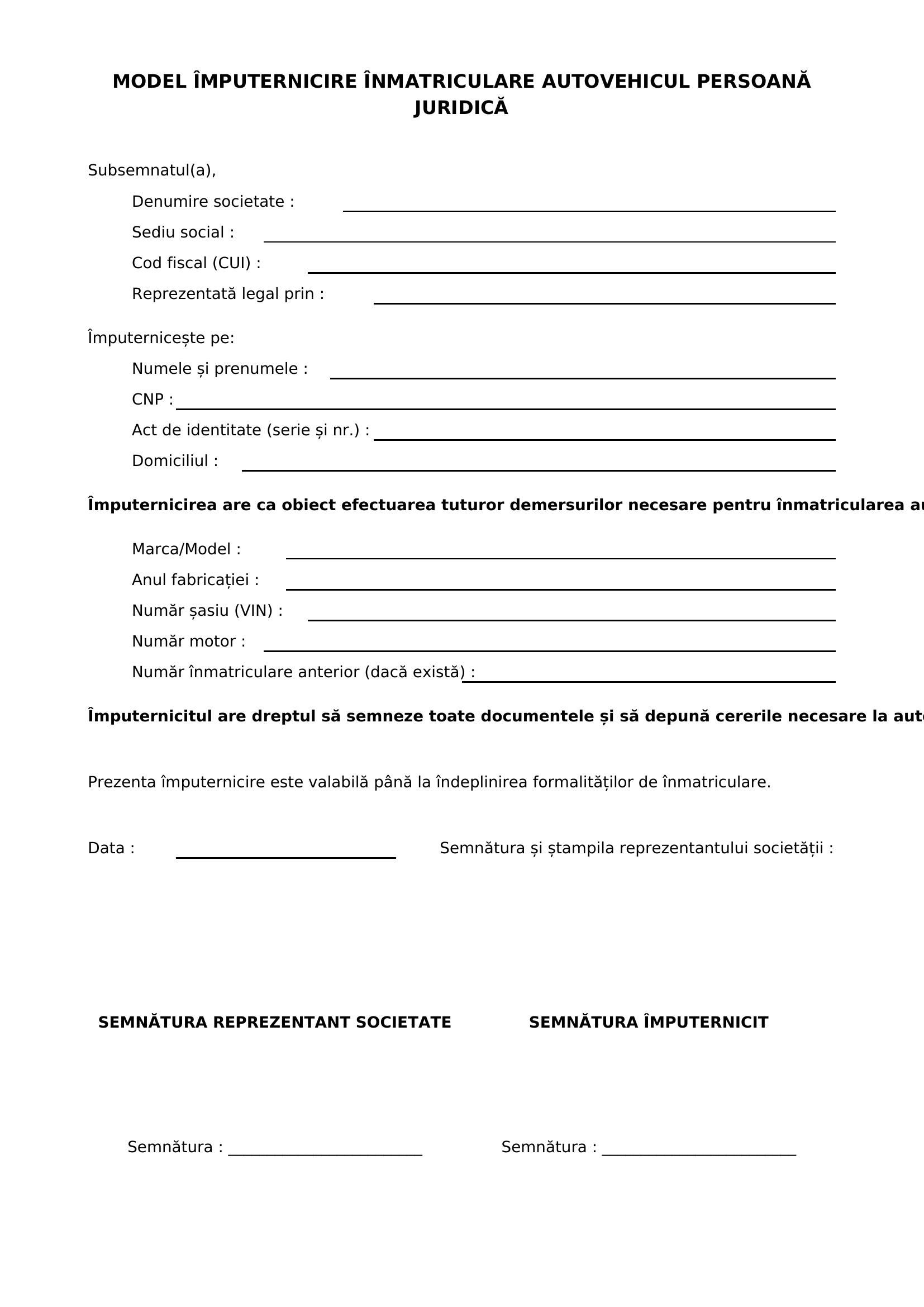 Model Imputernicire Inmatriculare Auto Persoana Juridica