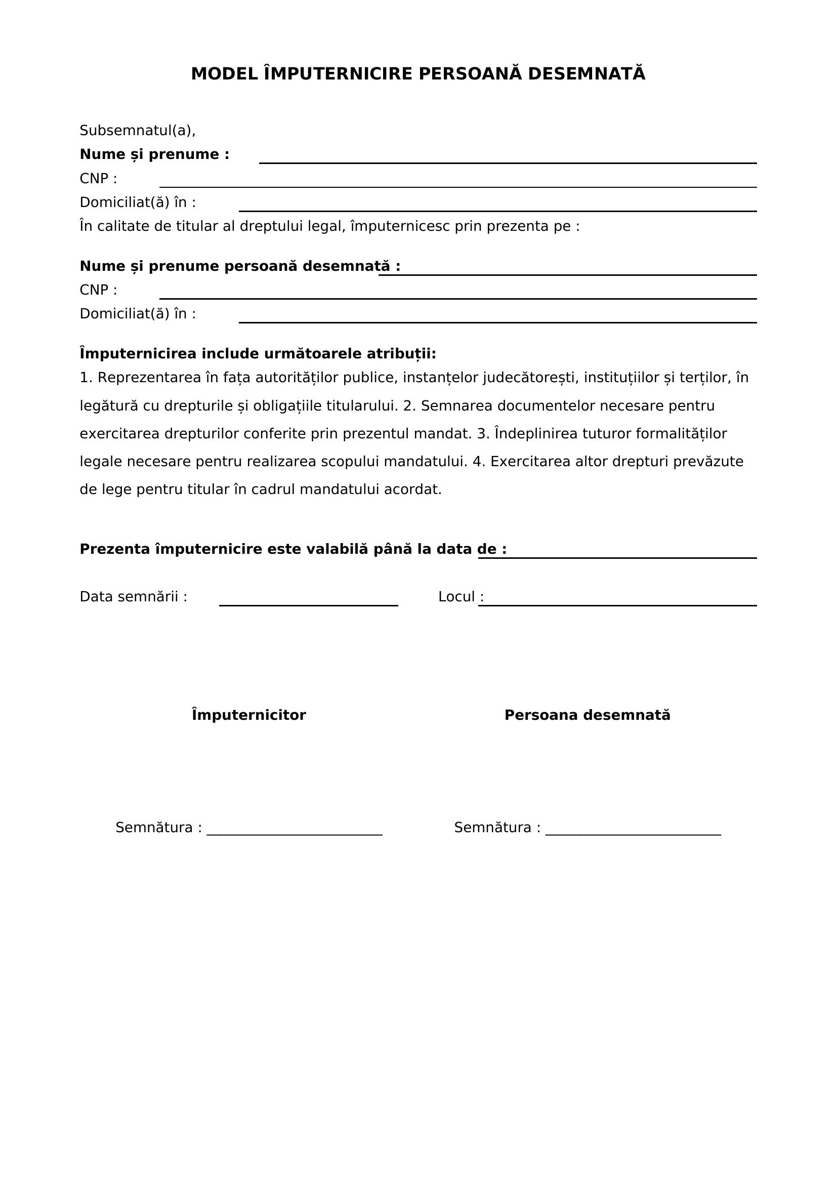 Model Imputernicire Persoana Desemnata