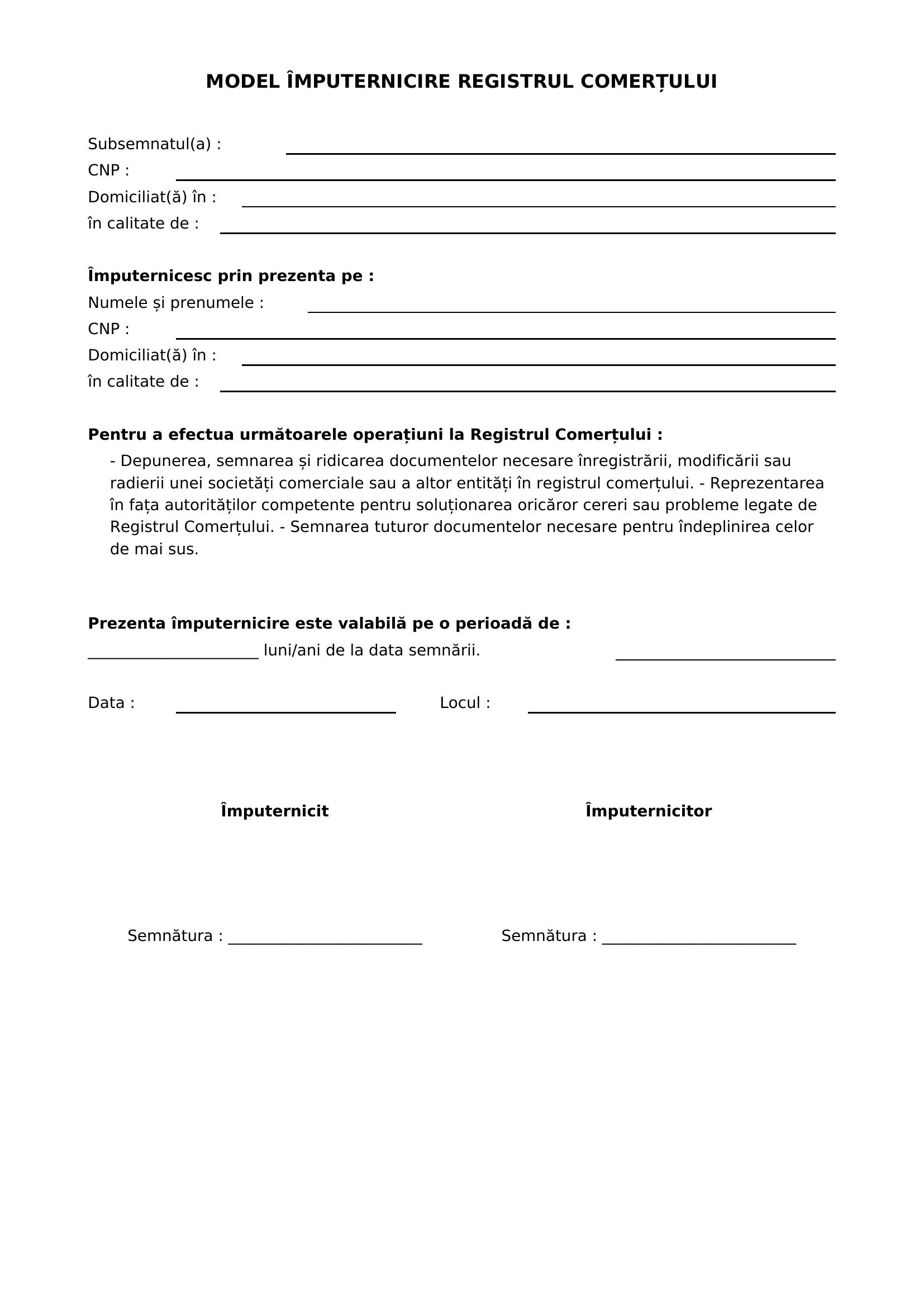 Model Imputernicire Registrul Comertului
