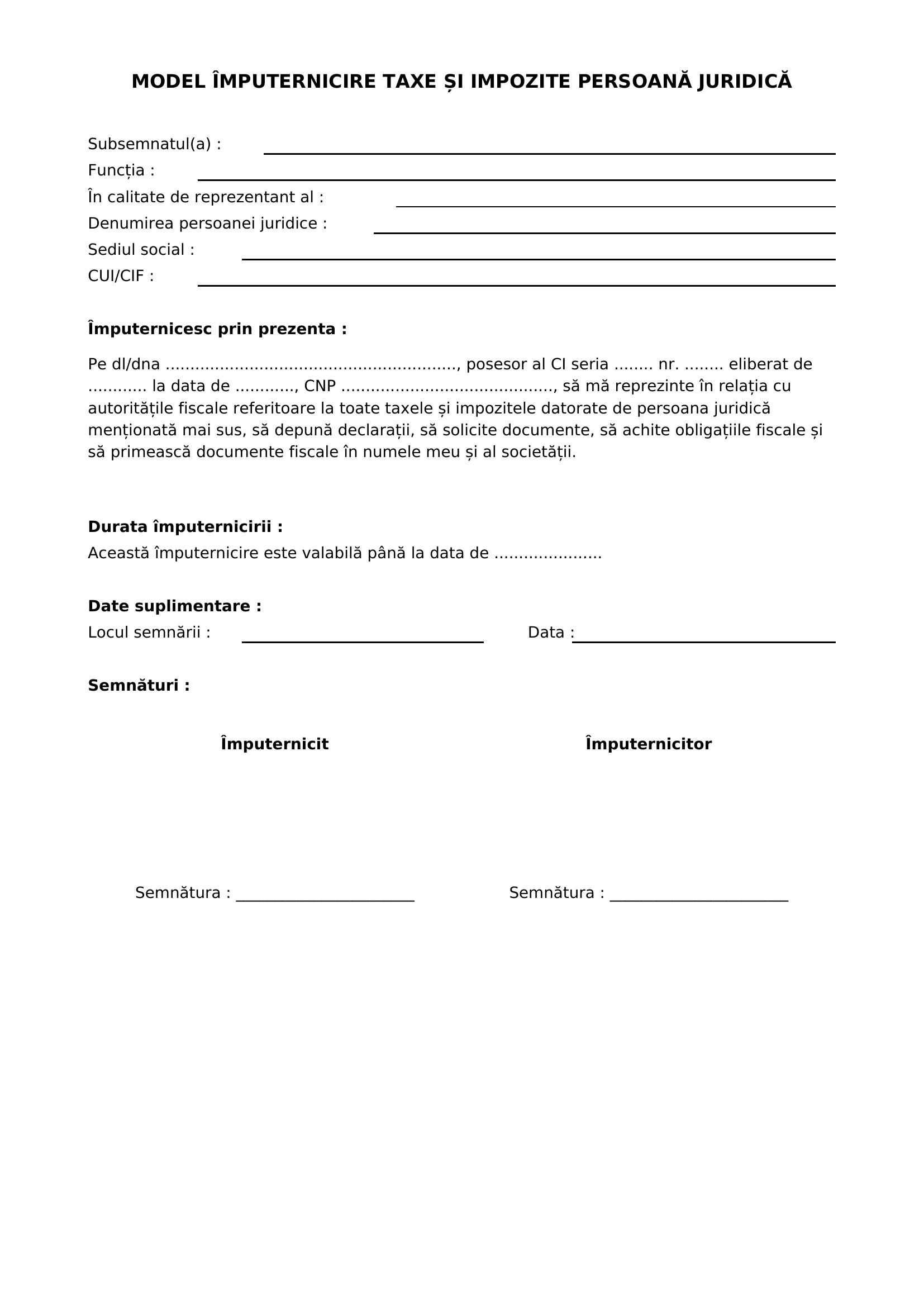 Model Imputernicire Taxe Si Impozite Persoana Juridica