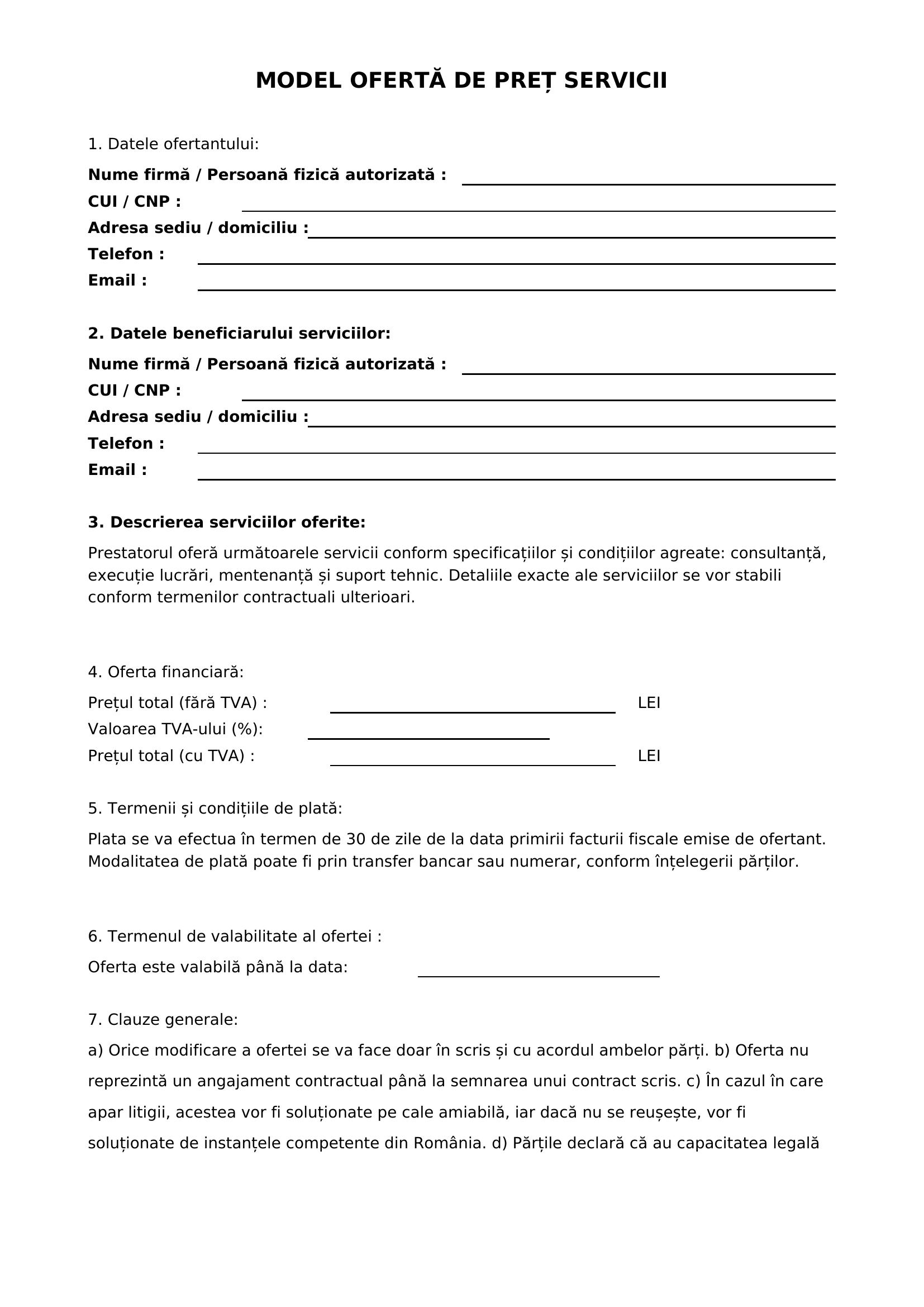 Model Oferta De Pret Servicii