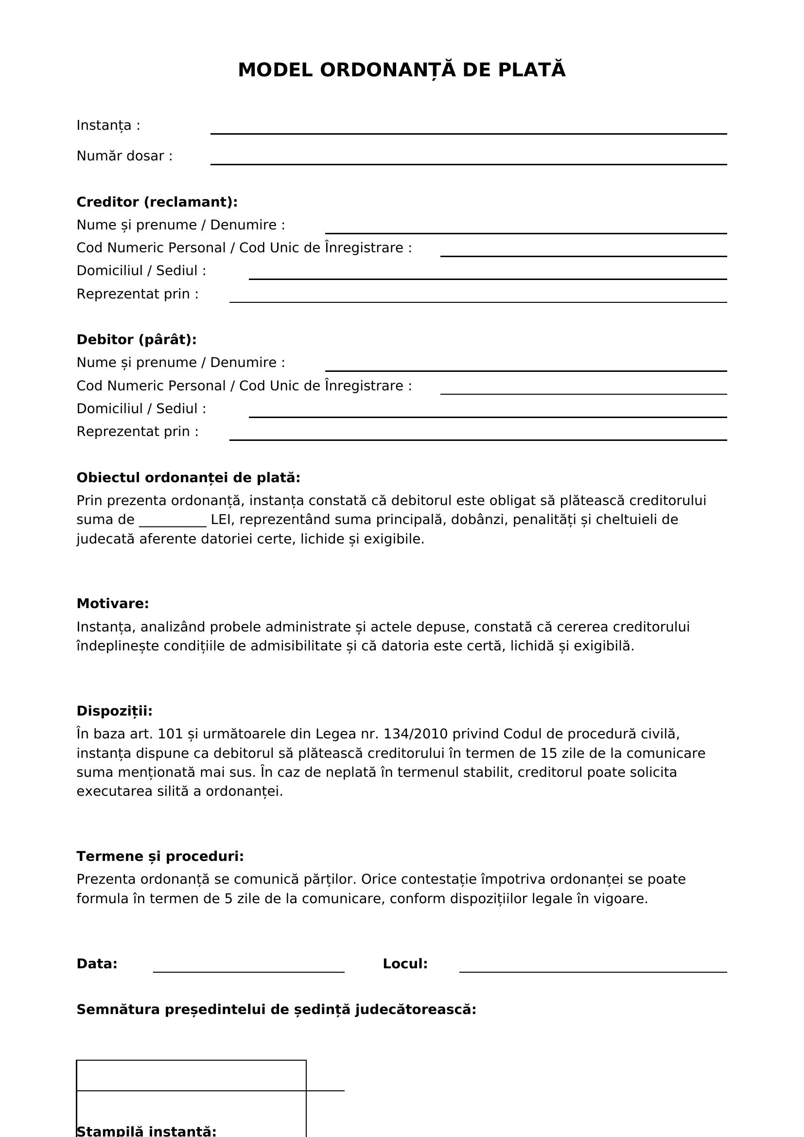 Model Ordonanta De Plata