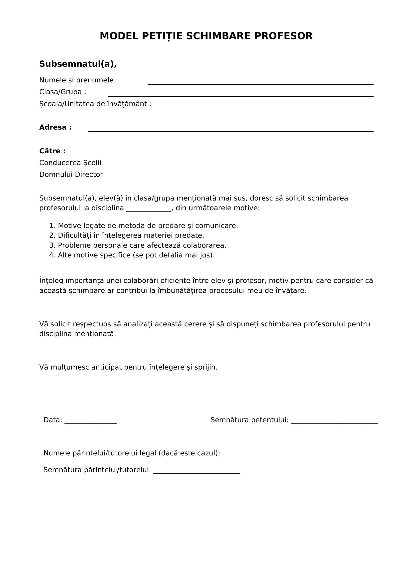 Model Petitie Schimbare Profesor