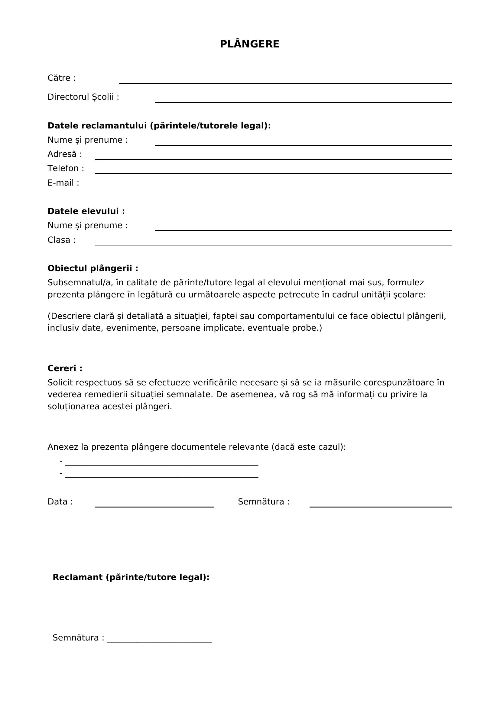 Model Plangere Catre Directorul Scolii