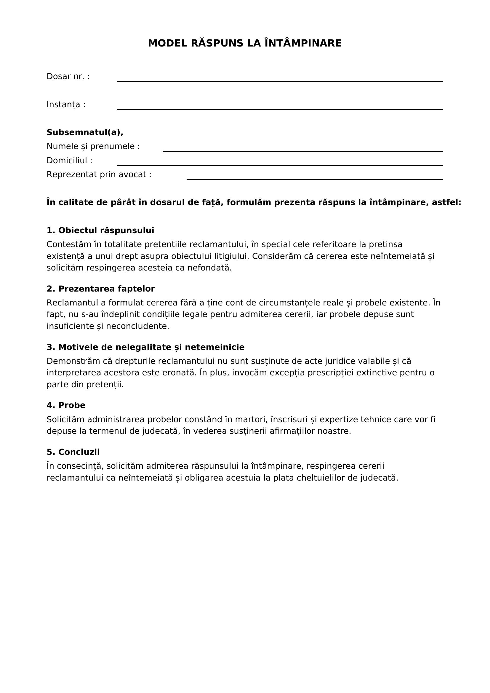 Model Raspuns La Intampinare