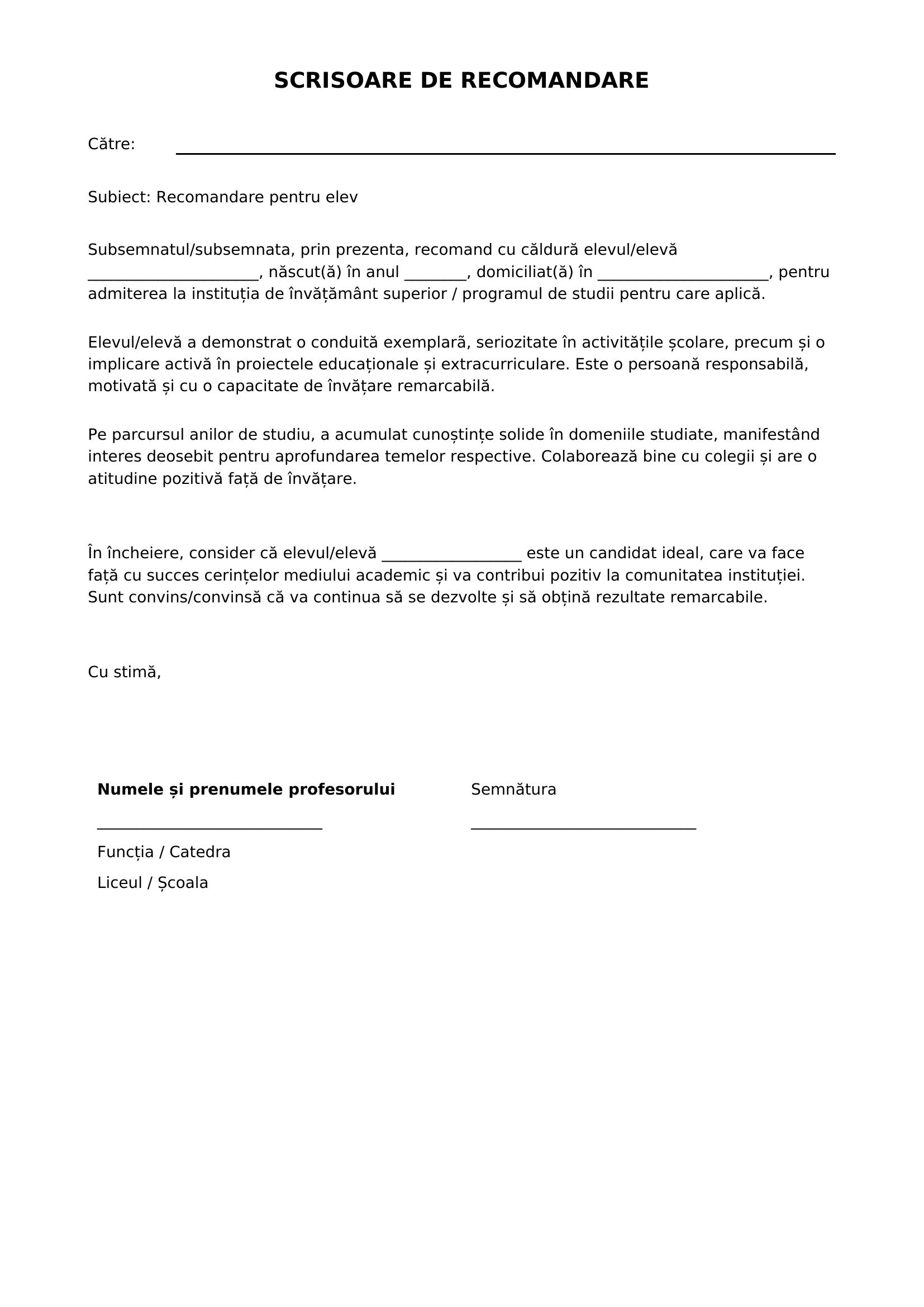 Model Scrisoare De Recomandare Elev