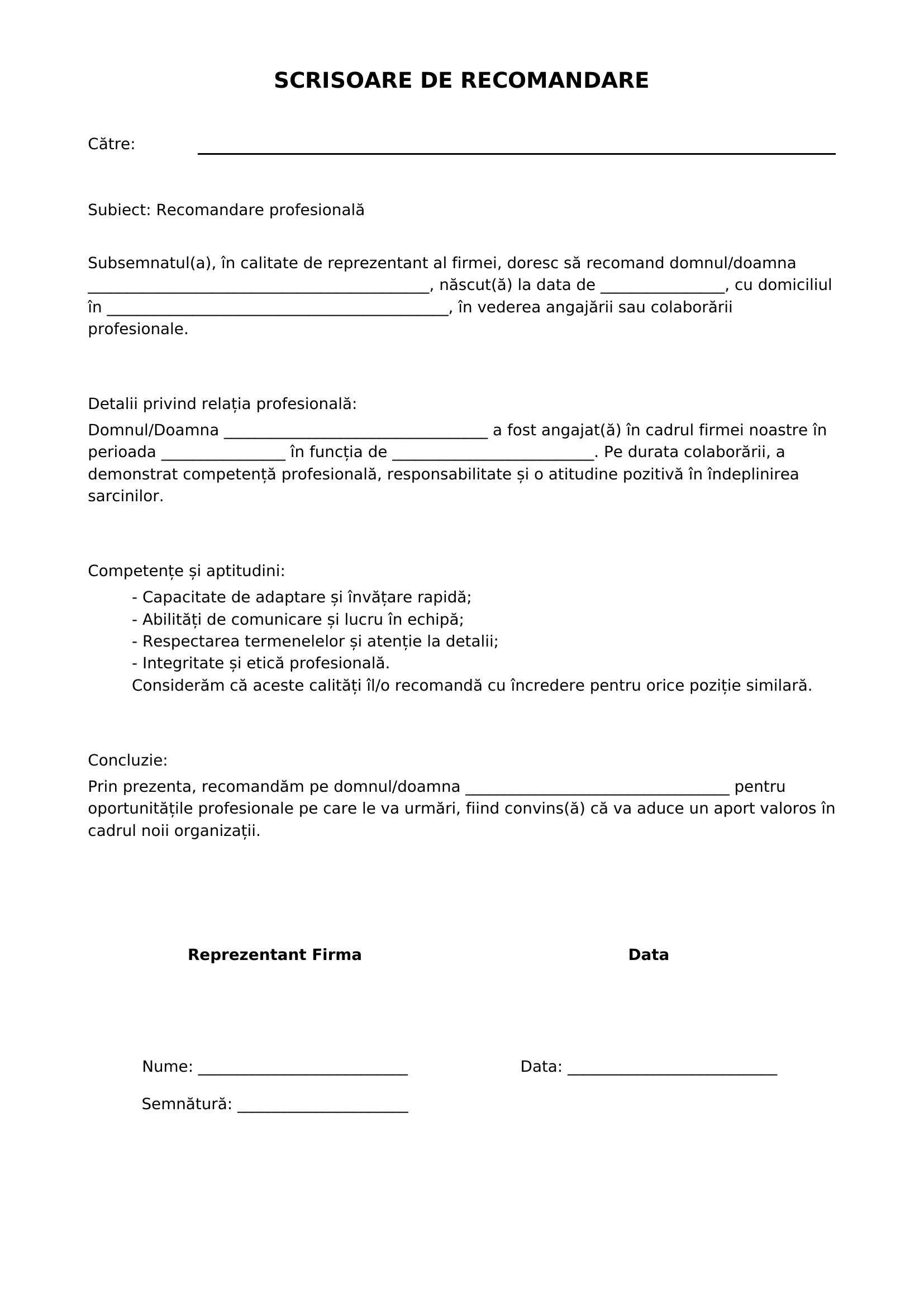 Model Scrisoare De Recomandare Firma