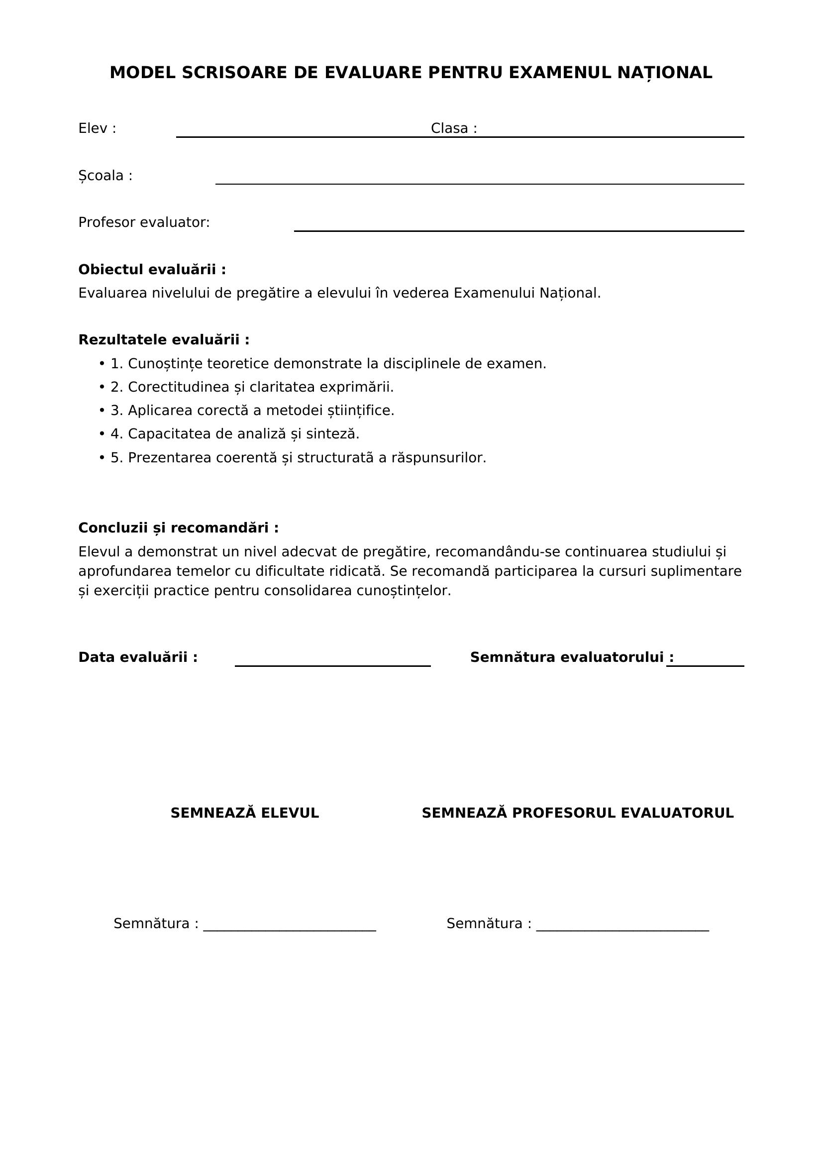 Model Scrisoare Evaluare Nationala