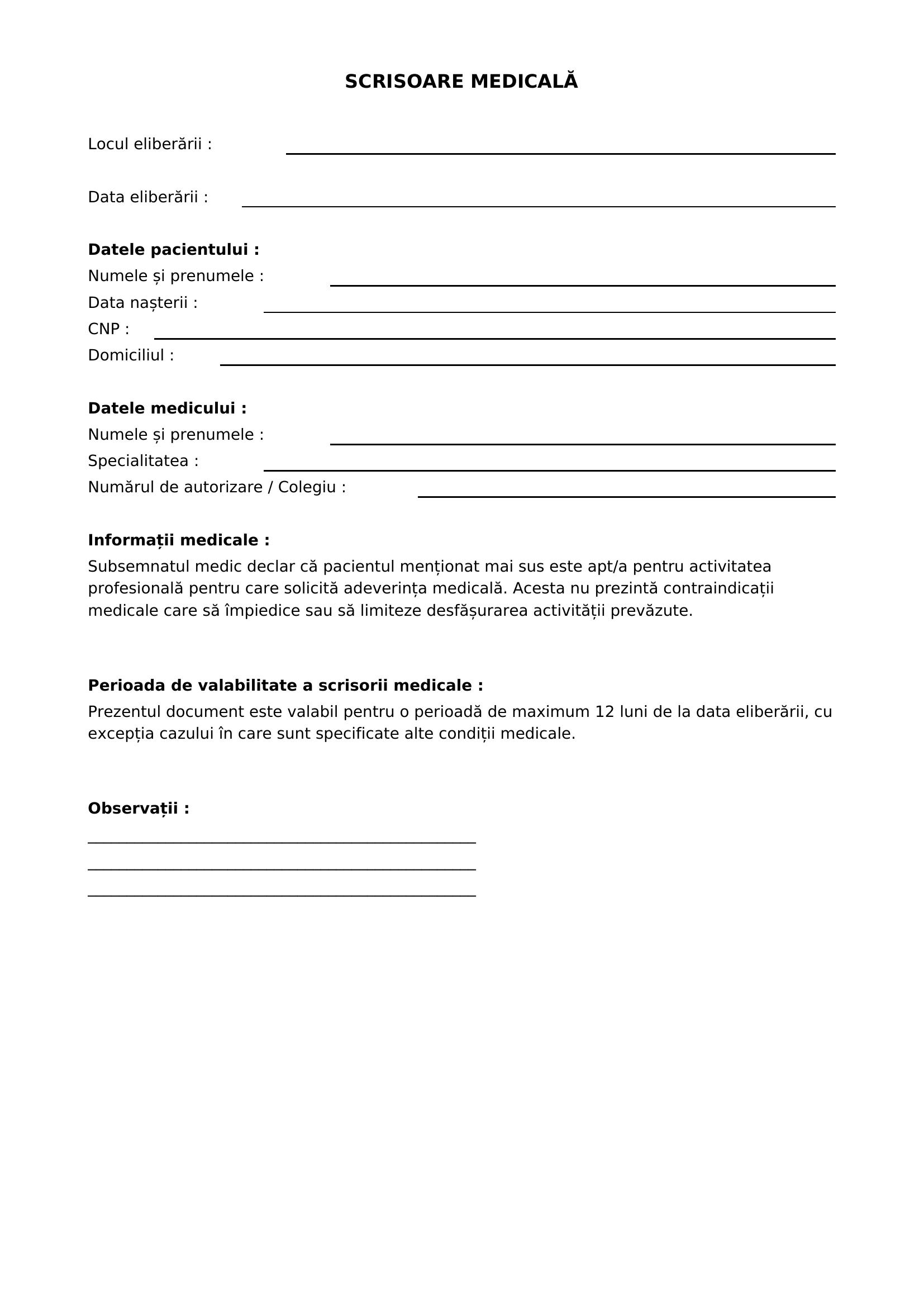 Model Scrisoare Medicala
