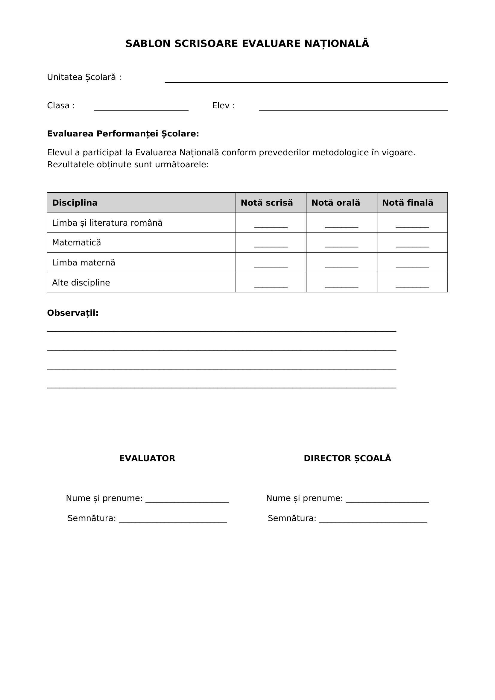 Sablon Scrisoare Evaluare Nationala