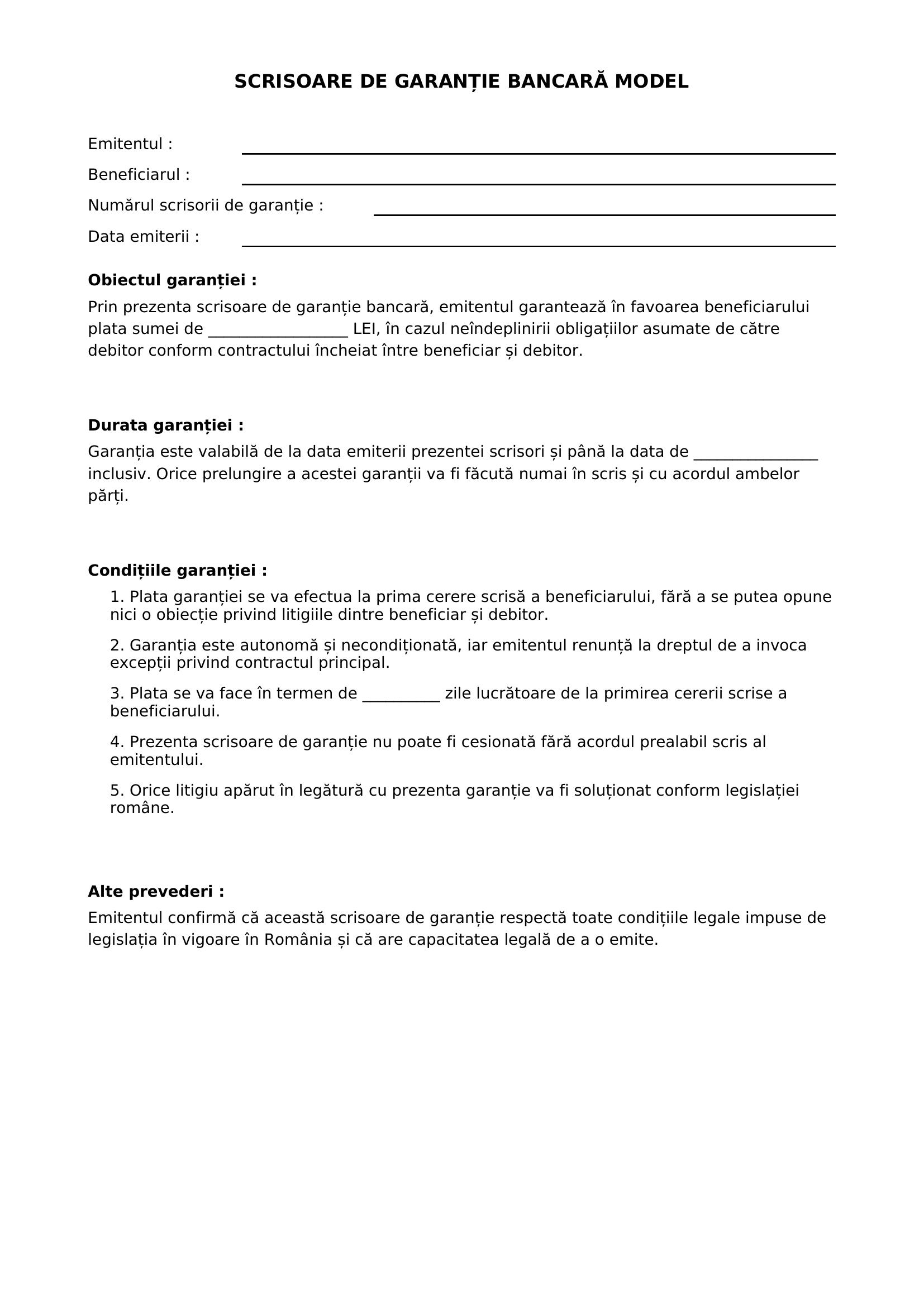 Scrisoare De Garantie Bancara Model