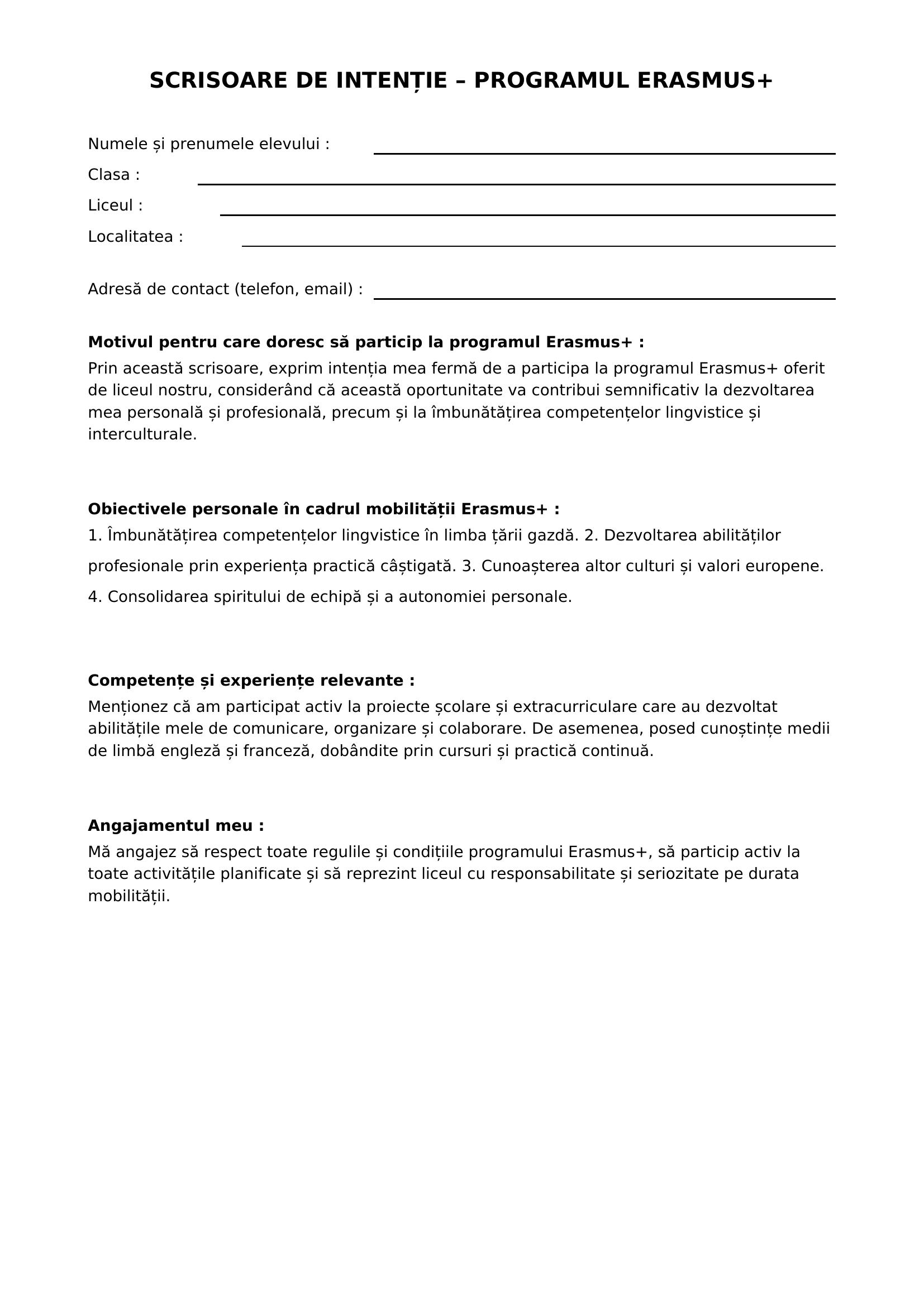 Scrisoare De Intentie Erasmus Liceu