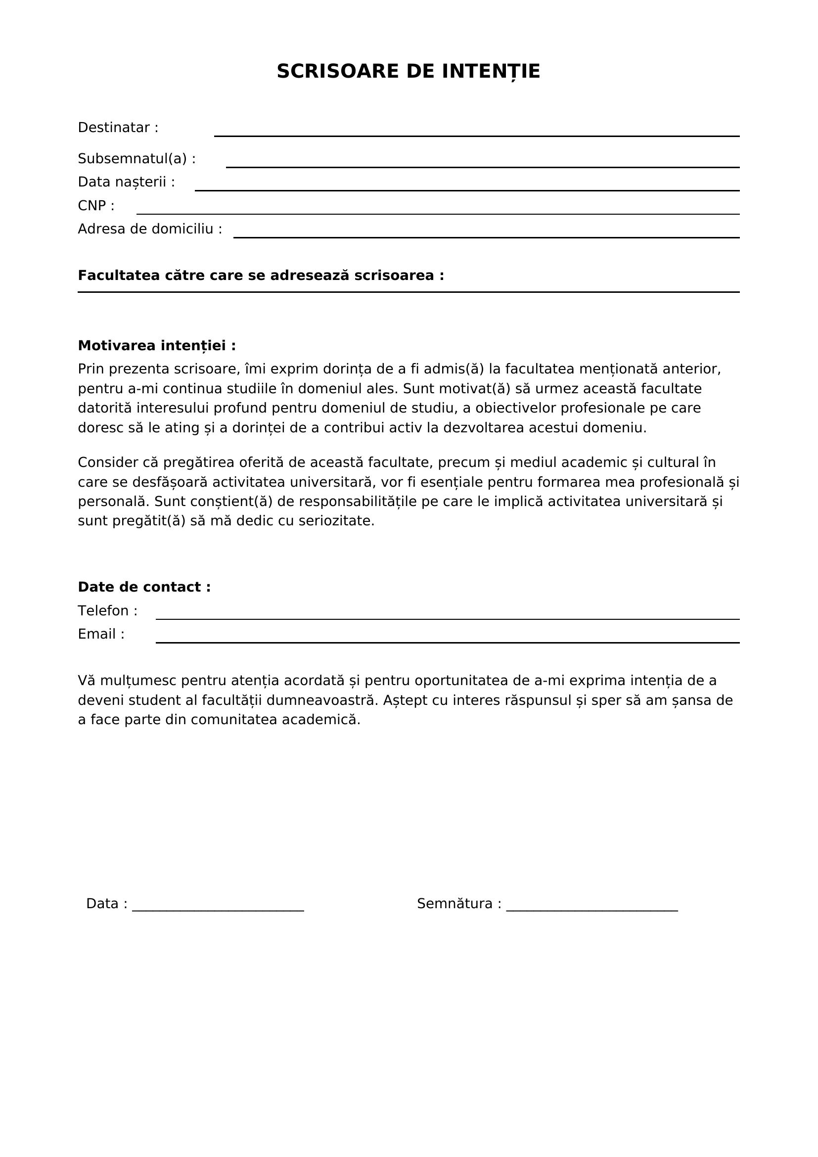Scrisoare De Intentie Facultate