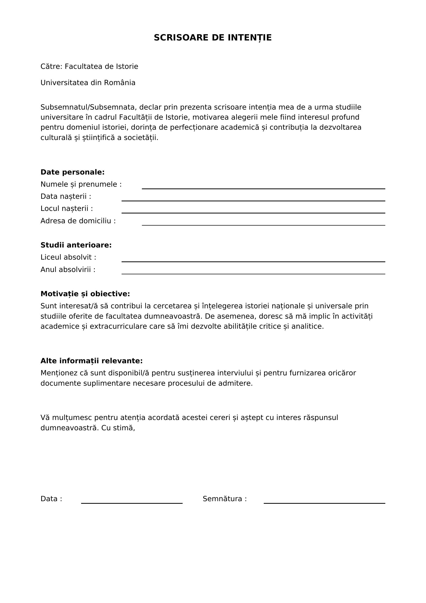 Scrisoare De Intentie Facultatea De Istorie