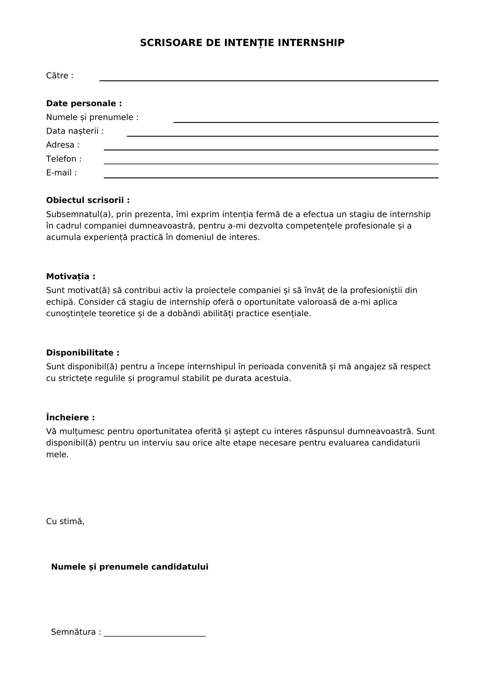Scrisoare De Intentie Internship