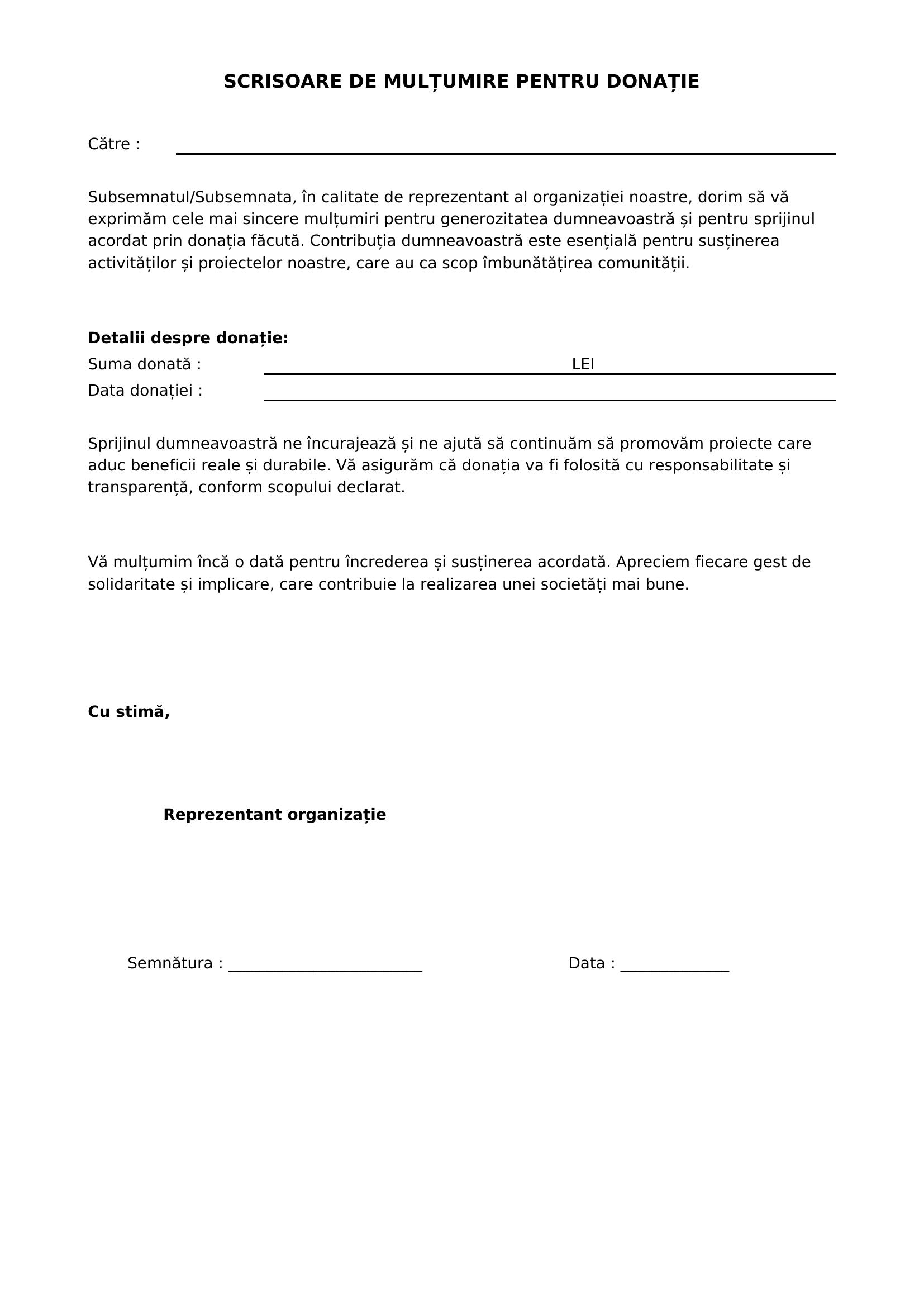 Scrisoare De Multumire Pentru Donatie