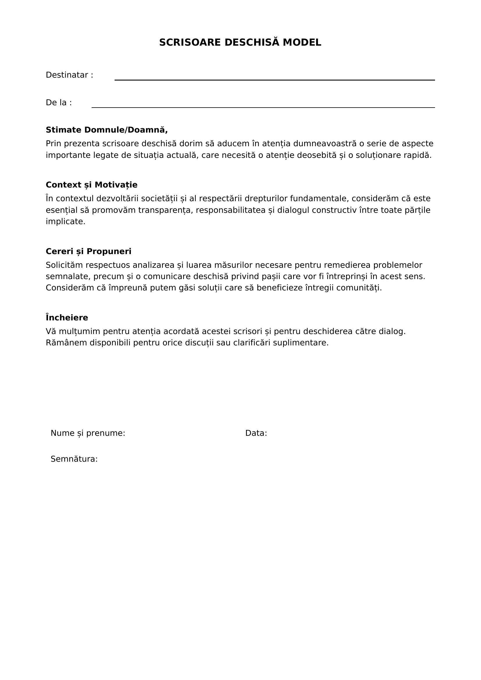 Scrisoare Deschisa Model